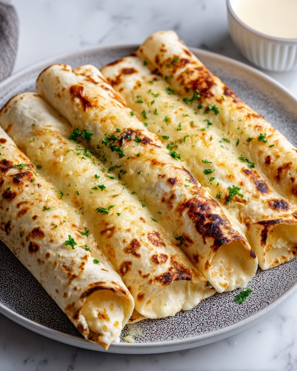 Four rolled tortillas are placed side by side on a white plate with a dark textured inner surface. Each tortilla is golden brown with toasted spots and melted cheese melted and slightly browned on top, sprinkled with small pieces of green parsley. The tortillas appear stuffed with a creamy white and slightly orange filling that is visible at the open ends. The plate sits on a white marbled surface, and a small white bowl with a creamy sauce is blurred in the background. Photo taken with an iphone --ar 4:5 --v 7