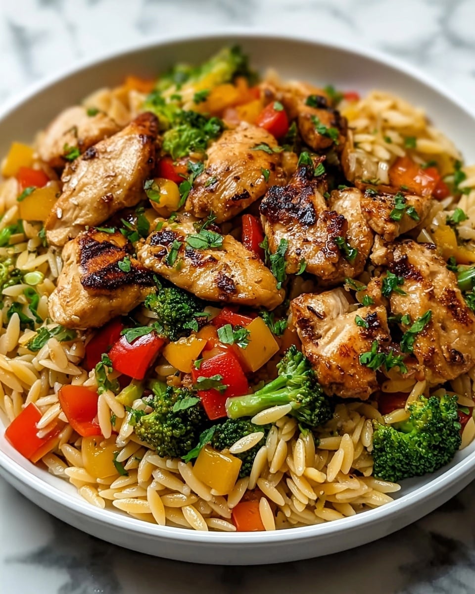 The image shows a close-up of a colorful stir-fry dish with several layers. The base layer consists of orange-brown cooked noodles with a slight shine. On top, there are chunks of light brown cooked chicken, evenly spread. Mixed throughout the dish, vibrant green broccoli florets, small yellow bell pepper pieces, and red bell pepper slices add color contrast. The vegetables look fresh and slightly shiny, showing they are cooked but still crisp. The whole mix sits on a white plate that is barely visible, placed on a white marbled surface. photo taken with an iphone --ar 4:5 --v 7