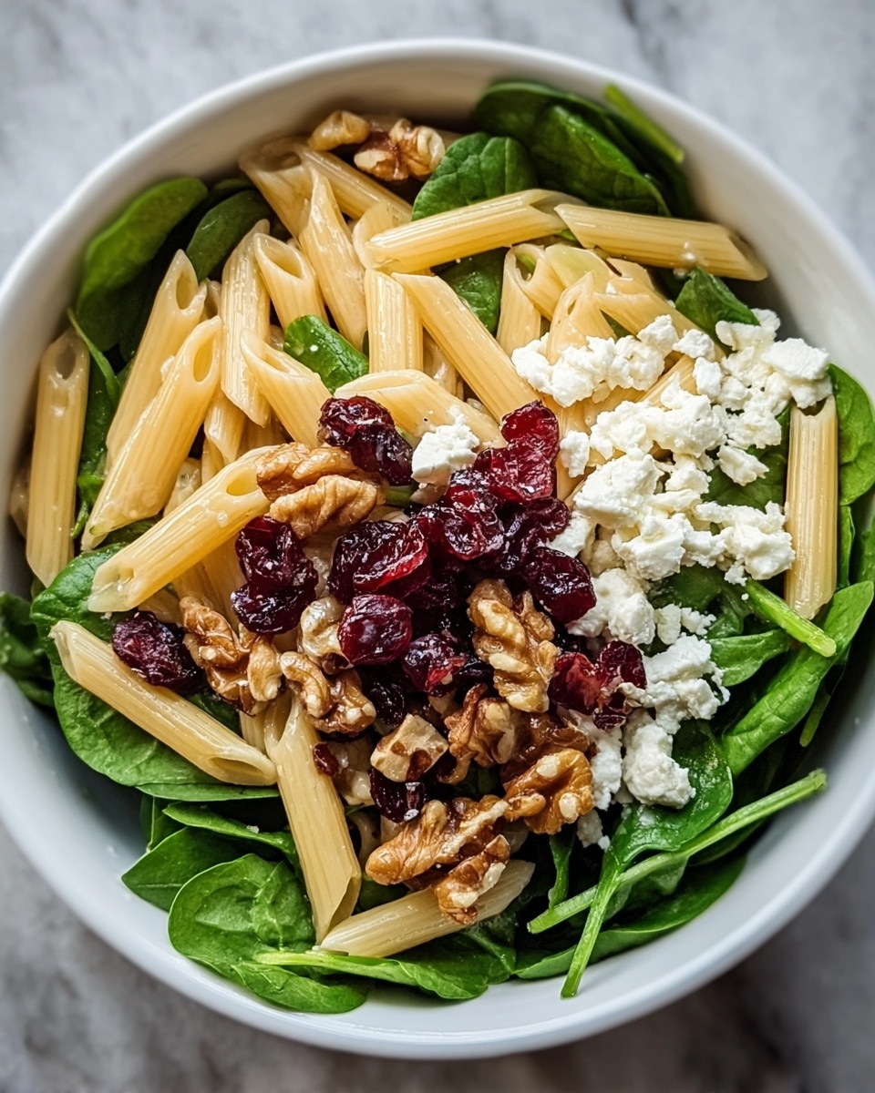 The dish shows a white bowl filled with three clear layers: at the bottom, fresh dark green spinach leaves with visible veins; above this, many pieces of light golden cooked penne pasta glisten, slightly oily and speckled with black pepper; scattered on top and mixed within are small white crumbles of soft cheese and medium brown walnut halves; bright red dried cranberries add pops of color across the bowl. The white marbled surface underneath the bowl contrasts softly with the vibrant dish. photo taken with an iphone --ar 4:5 --v 7