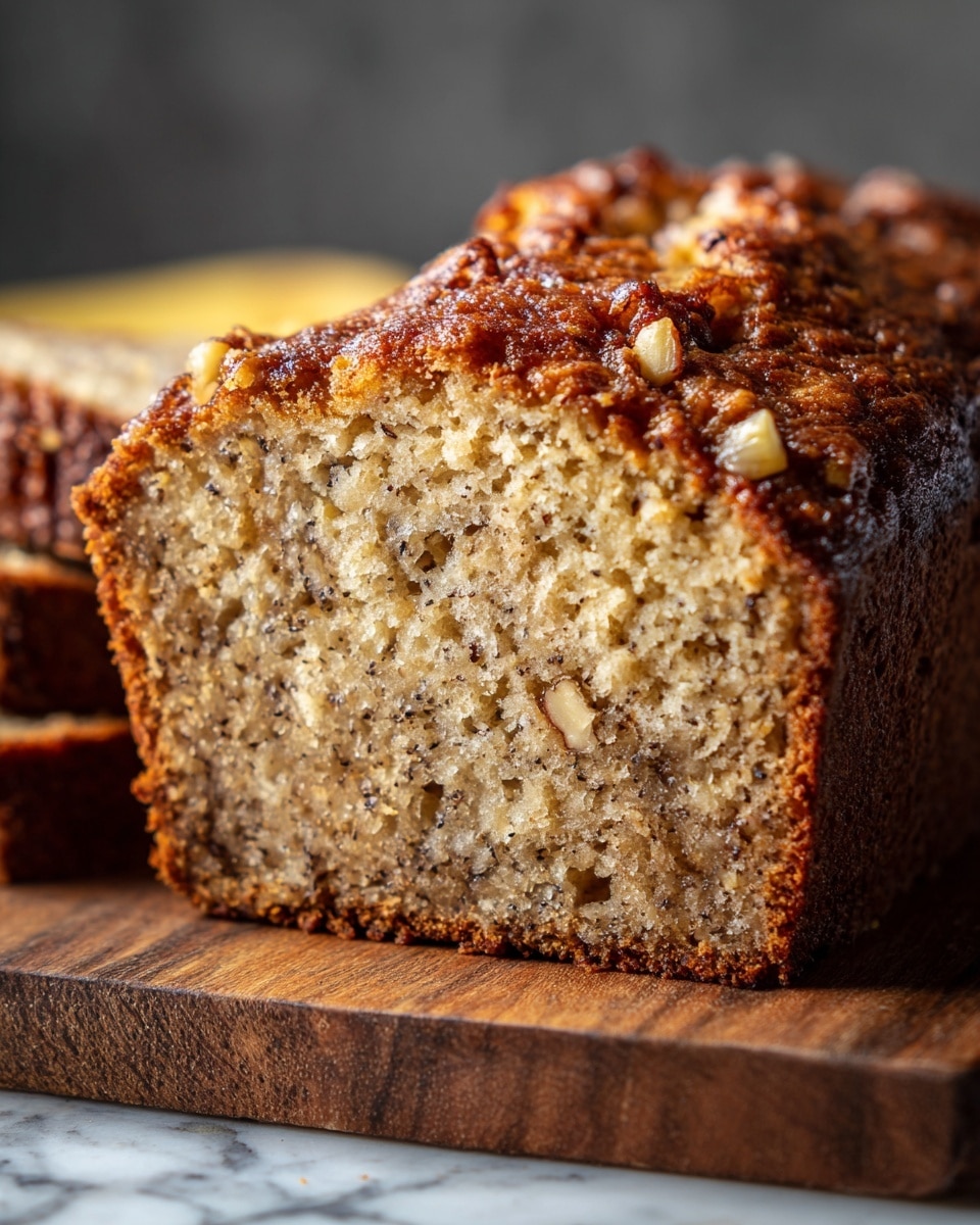 The image shows a loaf of banana bread with three thick slices cut and stacked slightly unevenly on a wooden board. The banana bread is golden brown with a moist, soft texture inside that has visible bits of banana and small nuts. On top of the loaf and slices, there are thin banana slices baked into the surface, showing a caramelized, speckled light brown color. The wooden board sits on a white marbled surface, creating a warm and cozy scene. photo taken with an iphone --ar 4:5 --v 7