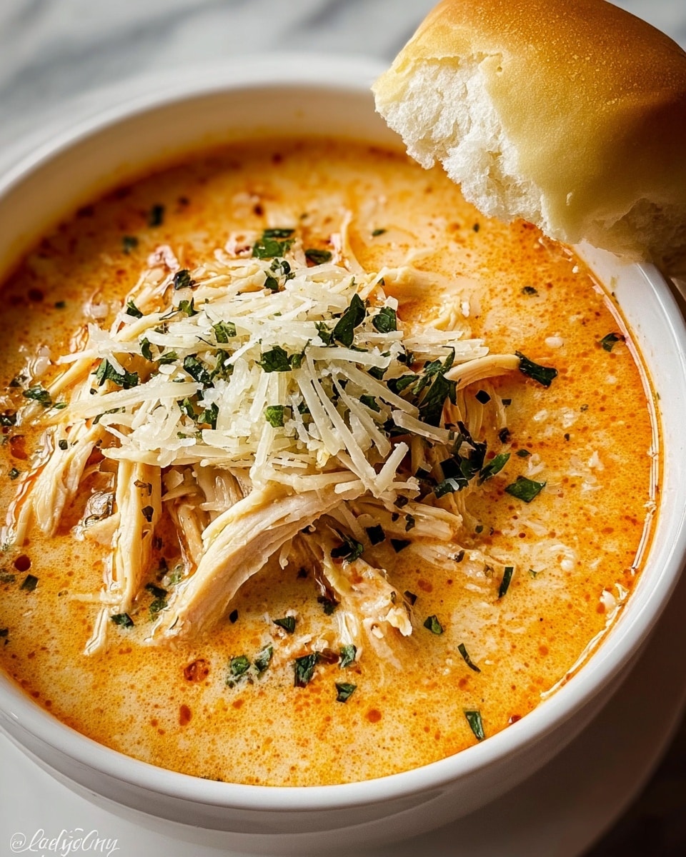 A close-up of a bowl filled with creamy orange soup with a smooth texture, topped with several strips of white shredded chicken in the middle. The chicken is covered with a layer of grated light yellow cheese and sprinkled with small pieces of dark green herbs. On the side of the bowl, a soft, light golden roll is resting partly dipped in the soup. The bowl is white and placed on a white marbled surface. photo taken with an iphone --ar 4:5 --v 7