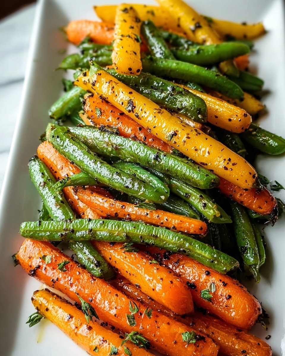 A close-up of a dish with two main layers of cooked vegetables on a white rectangular plate placed on a white marbled surface. The bottom layer is bright orange carrot sticks, slightly shiny with a glaze and dotted with black pepper and herbs. Resting on and mixed with the carrot sticks is a second layer of green beans, also shiny and seasoned with black pepper and herbs, with some yellow carrot sticks peeking through. The vegetables have a slightly soft texture with some charred spots. photo taken with an iphone --ar 4:5 --v 7