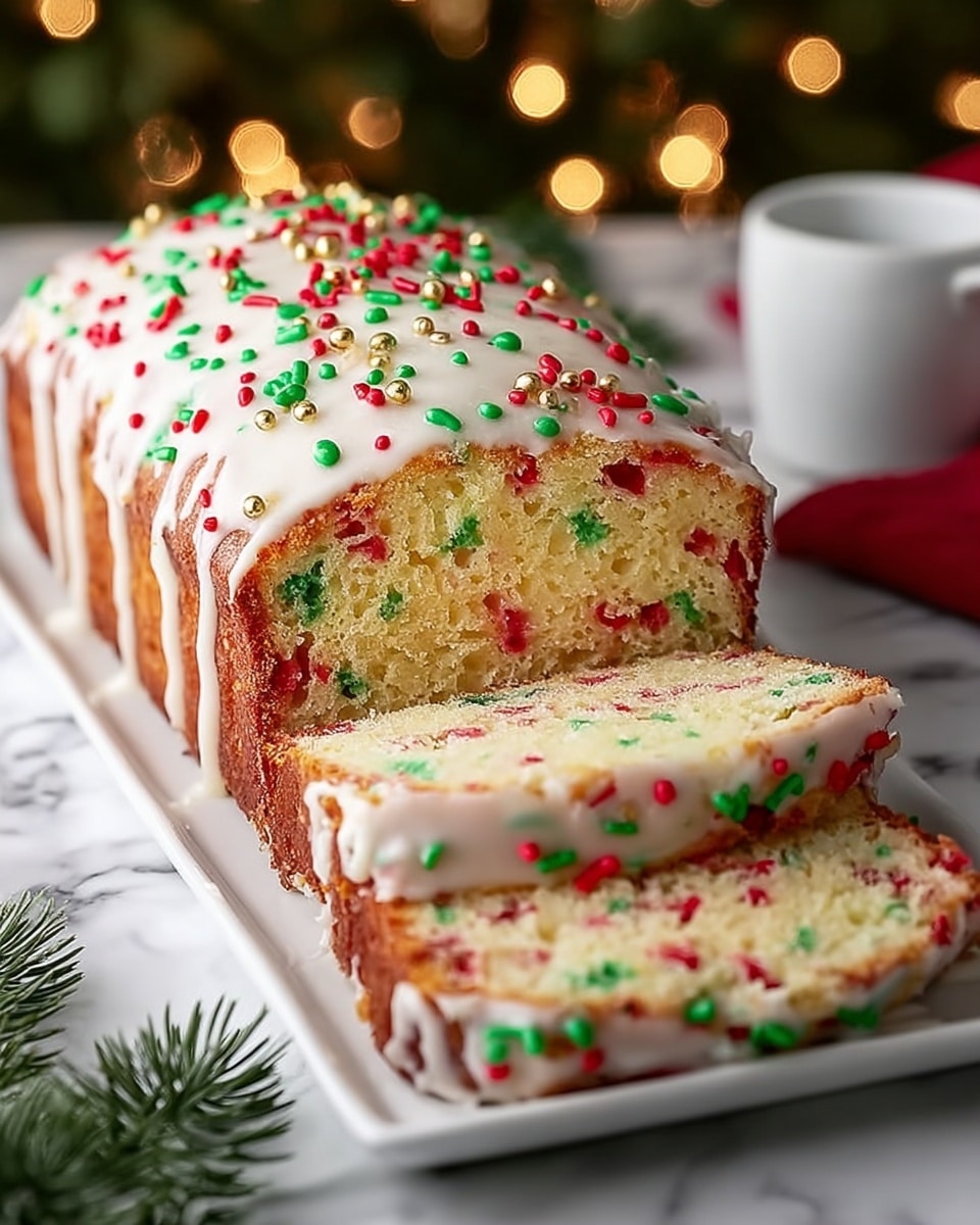 A sliced loaf cake with a dense, light yellow inside dotted with red and green sprinkles throughout, topped with a thick white icing that covers the whole top and is decorated with red, green, and a few gold sprinkles, all placed on a white rectangular plate. The background shows festive blurred lights and a white marbled surface with a pine branch nearby, adding a holiday feel. photo taken with an iphone --ar 4:5 --v 7