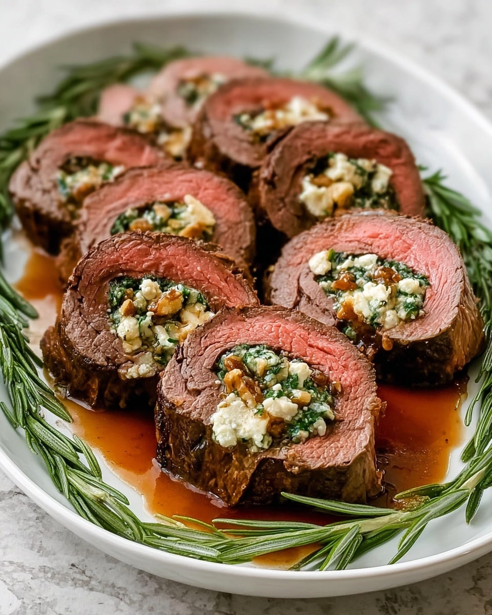 The image shows a white oval plate with six thick slices of medium-rare beef roulade arranged in a circle. Each slice has three main layers: a dark brown seared outer layer, a pink middle layer of cooked beef, and a filling layer in the center with a mix of green herbs, white cheese crumbles, and small light brown nut pieces. The plate is garnished with fresh, green rosemary sprigs on both sides, resting on a white marbled textured surface. There is a glossy brown sauce pooling slightly beneath the meat. Photo taken with an iphone --ar 4:5 --v 7