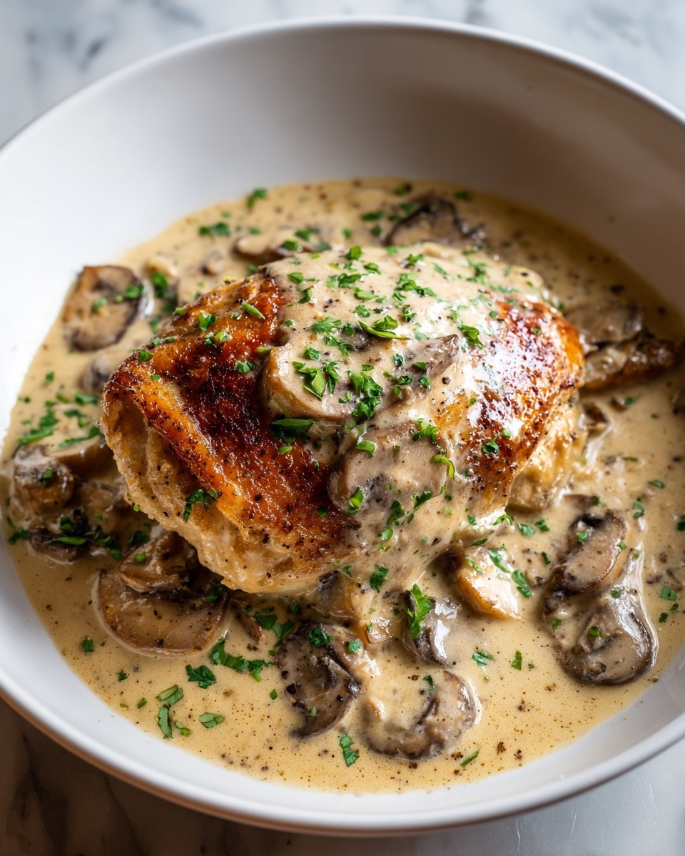 A piece of browned chicken sits in the middle of a white bowl, covered with creamy mushroom sauce that has small slices of cooked mushrooms in it. The sauce pools around the chicken and has a light beige color with bits of black pepper and green chopped herbs sprinkled on top and around the chicken, adding a fresh touch. The chicken's crispy skin shows a golden brown texture under the sauce. The background is a white marbled surface. photo taken with an iphone --ar 4:5 --v 7