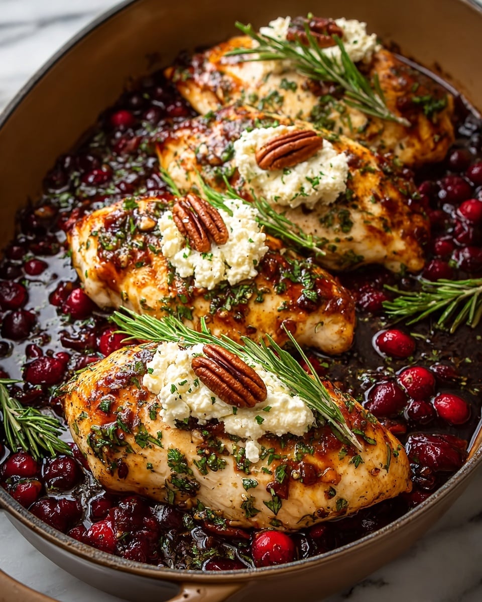 Four golden brown cooked chicken breasts lay in a baking dish filled with a dark, glossy sauce dotted with whole red cranberries. Each chicken breast is topped with a dollop of soft white cheese, a few toasted brown pecans, and a fresh green rosemary sprig for garnish. The chicken is seasoned with finely chopped green herbs that sprinkle across the surface, adding a fresh green contrast to the warm colors. The baking dish rests on a white marbled surface. photo taken with an iphone --ar 4:5 --v 7