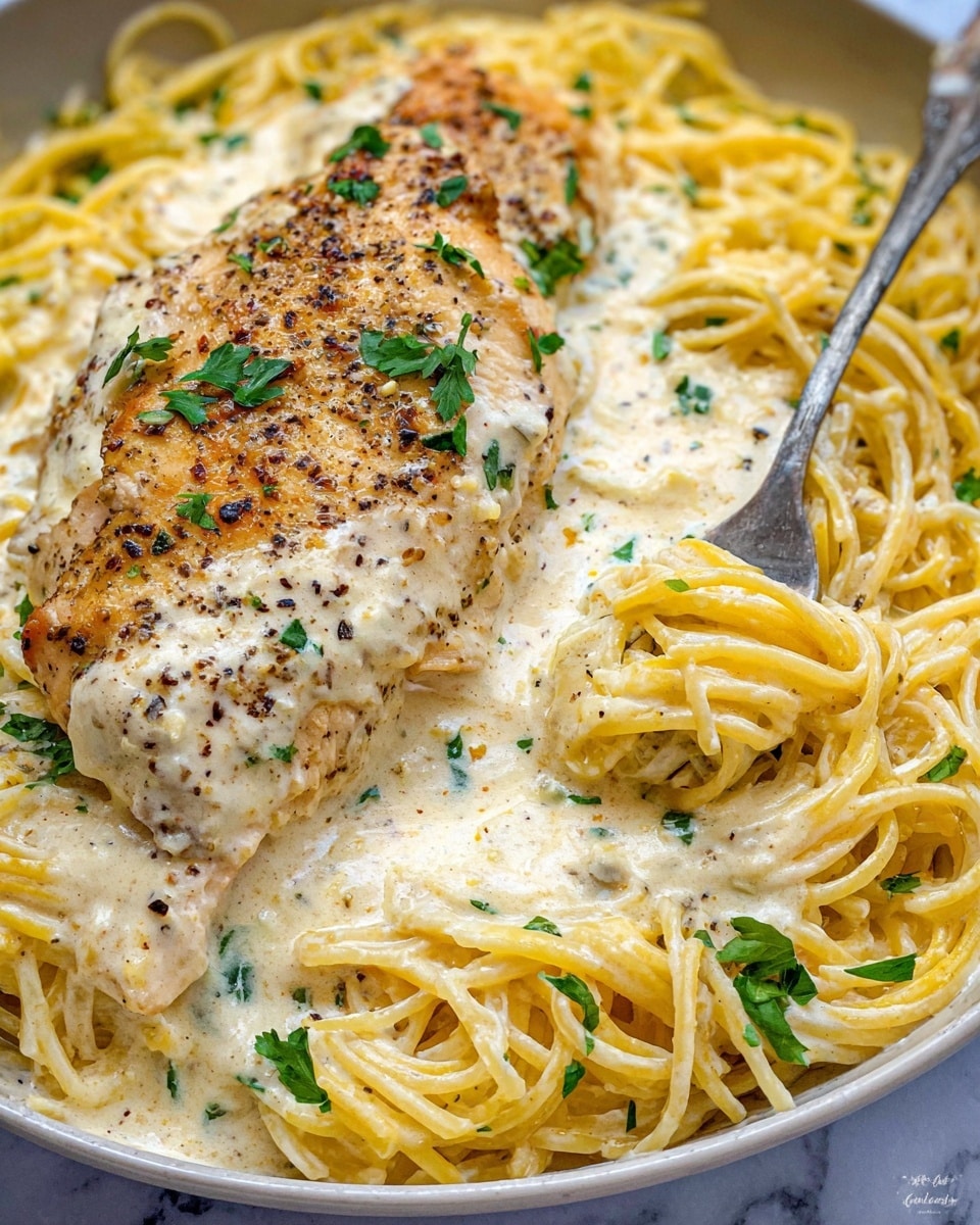 The image shows a rich creamy pasta dish with thin, yellow spaghetti noodles forming the base layer, coated in a thick, white cream sauce with a smooth texture. On top lies a large piece of grilled chicken breast, lightly browned with a golden color and a slightly crispy texture, sprinkled with black pepper and fresh green parsley leaves for color contrast. A silver fork twirls a small bite of the sauced pasta near the center of the image. The entire dish is set against a white marbled background. photo taken with an iphone --ar 4:5 --v 7