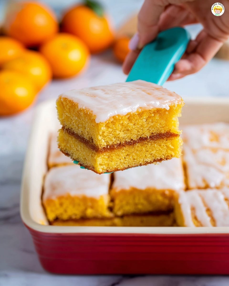 The image shows a square piece of yellow cake with a moist texture, divided into two layers. Between the layers, there is a dark brown, sticky filling that looks rich and gooey. The top layer of the cake is coated with a thin, shiny white glaze that adds a glossy finish. The cake sits on a white plate, which is placed over a bright yellow cloth on a white marbled surface. Nearby, there is a glass of milk and a fork with a piece of the cake on it. photo taken with an iphone --ar 4:5 --v 7