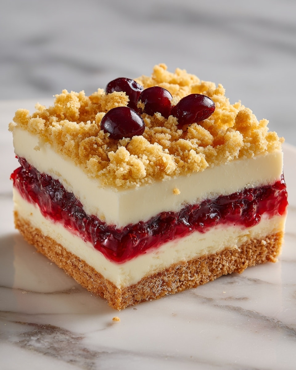 The image shows a square slice of dessert with four distinct layers on a white marbled surface. The bottom layer is a light brown crumbly crust. Above it is a thick, bright red fruit filling layer with a jelly-like texture. The third layer is a smooth, creamy white filling that is firm but soft. The top layer consists of a golden crumbly streusel, sprinkled with a few fresh dark red cranberries, adding a shiny and round contrast to the dessert. Photo taken with an iphone --ar 4:5 --v 7