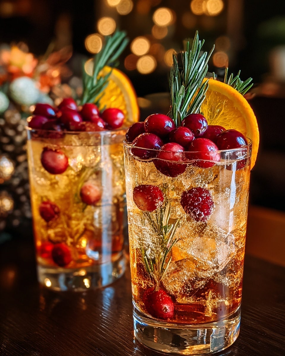 The image shows two clear glasses filled with a bubbly golden brown liquid and ice cubes. Each glass is topped with a bunch of bright red cranberries and a tall sprig of fresh green rosemary. Inside each glass, a thick slice of fresh orange leans against the inner side, adding a bright pop of color. The glasses are placed on a dark wooden surface with warm, blurry lights and out-of-focus decorations in the background, creating a cozy atmosphere. photo taken with an iphone --ar 4:5 --v 7