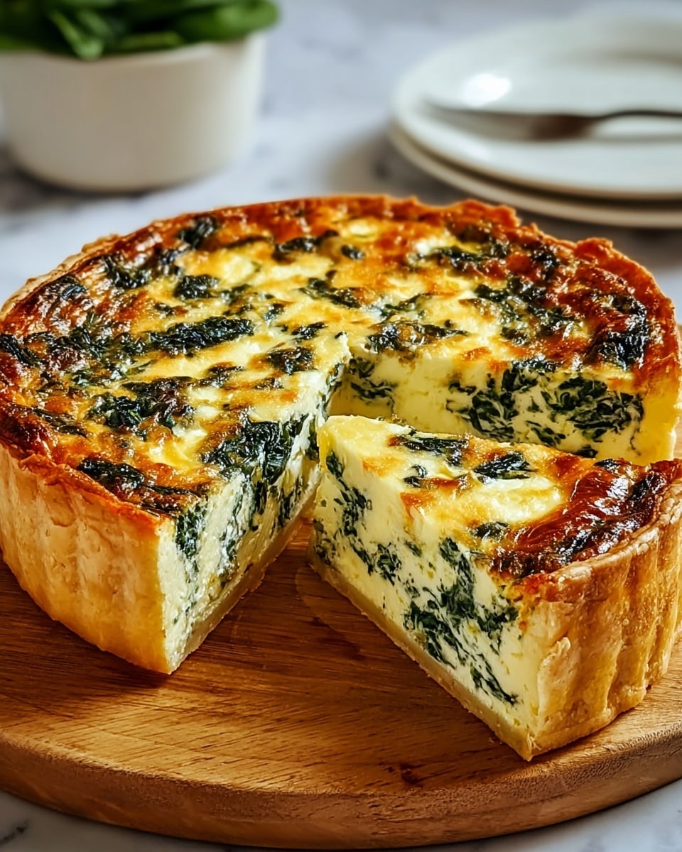 A round quiche with a golden brown crust sits on a wooden board. The quiche is about two layers thick: a light brown crust forms the base and sides, while the main filling is a creamy yellow mix dotted with dark green spinach pieces spread evenly throughout. The top layer is slightly browned with patches of melted cheese and spinach giving a textured look. A large slice is cut out, showing the rich, soft inside with a clear contrast between the crust and the filling. In the background, a white plate and a white pot with green leaves are out of focus, set on a white marbled surface. photo taken with an iphone --ar 4:5 --v 7