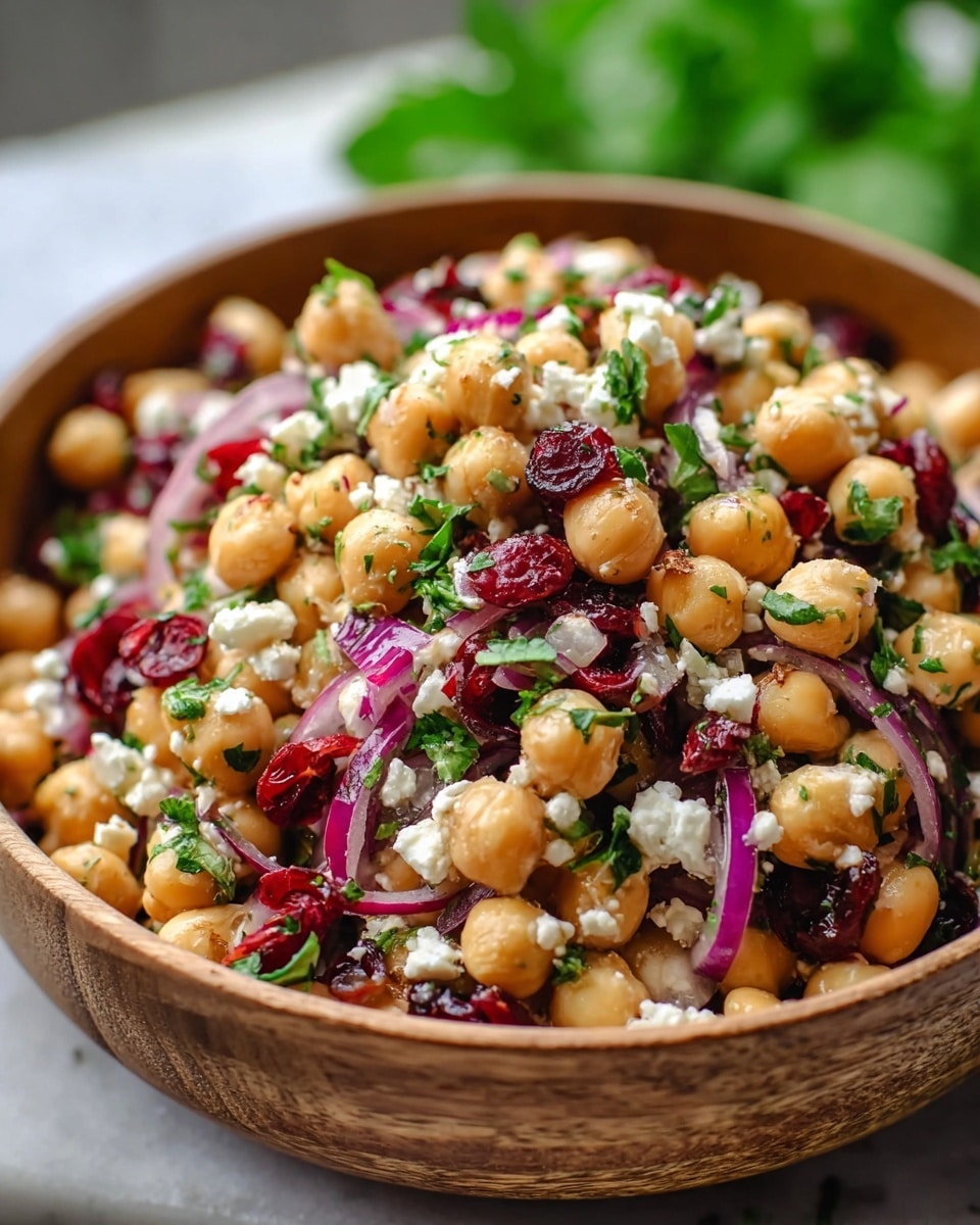 A white bowl filled with a colorful chickpea salad showing several layers: at the bottom, soft round beige chickpeas, mixed evenly with thin slices of purple-red onions scattered throughout; bright green chopped parsley spread across the salad, adding freshness; small white crumbles of cheese sprinkled on top, contrasting with the other colors; and deep red dried cranberries and darker brown toasted nuts staring out from the mix, providing texture and richness; all ingredients appear lightly coated with a glossy dressing. The bowl sits on a white marbled surface, with a blurred background of green parsley and a gold spoon just visible. Photo taken with an iphone --ar 4:5 --v 7