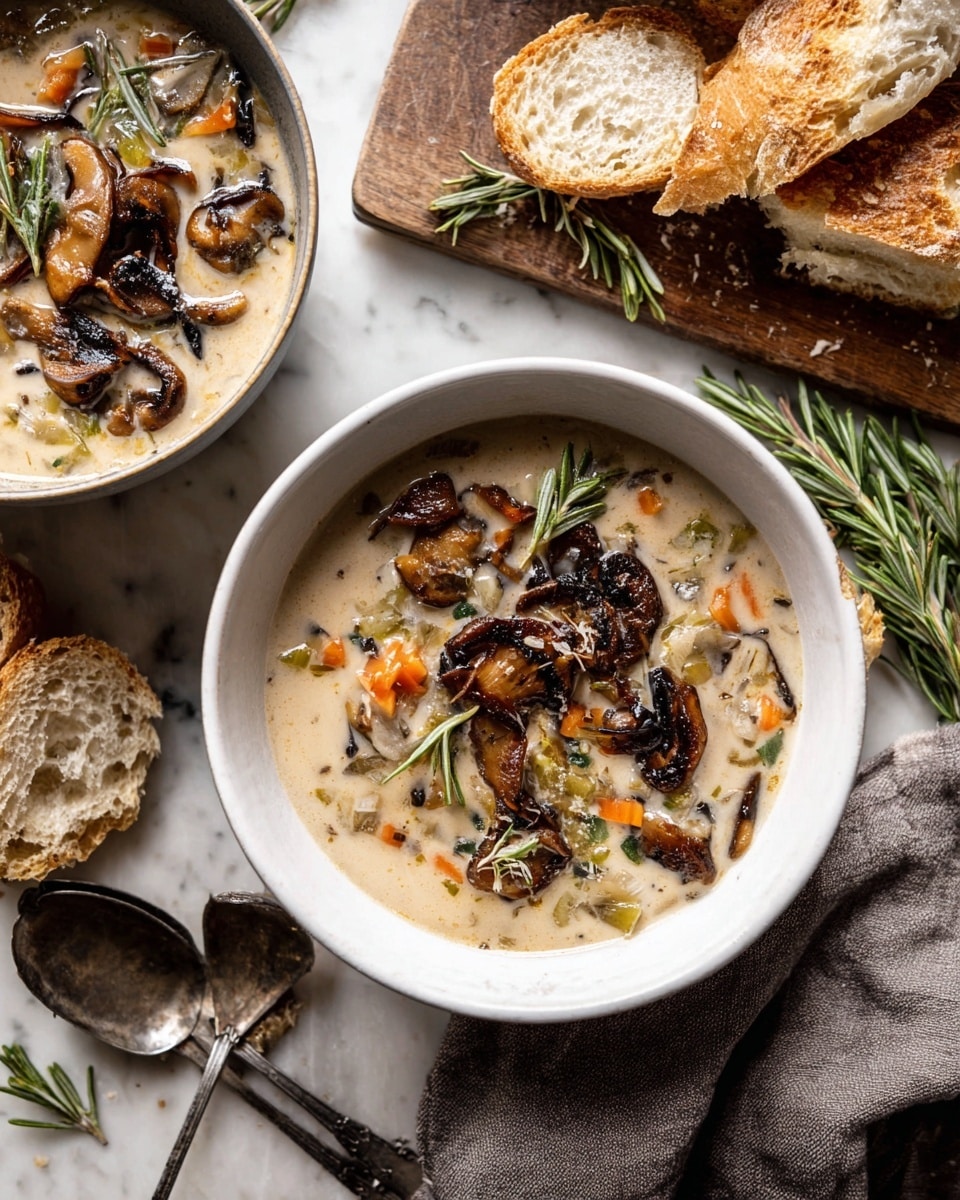 The image shows two white bowls filled with creamy mushroom soup. The soup in the main bowl has a light beige creamy base with dark brown sautéed mushrooms on top, including whole and sliced pieces, along with some sprigs of rosemary. There are small bits of vegetables like orange carrots and green herbs mixed inside the soup layers. The second bowl is partially visible on the left, showing similar soup with mushrooms and vegetables. Around the bowls, there are pieces of crusty bread with a golden-brown crust and soft white insides. Two old silver spoons rest near the bread on a white marbled surface. A folded gray cloth and some rosemary sprigs are in the background. photo taken with an iphone --ar 4:5 --v 7