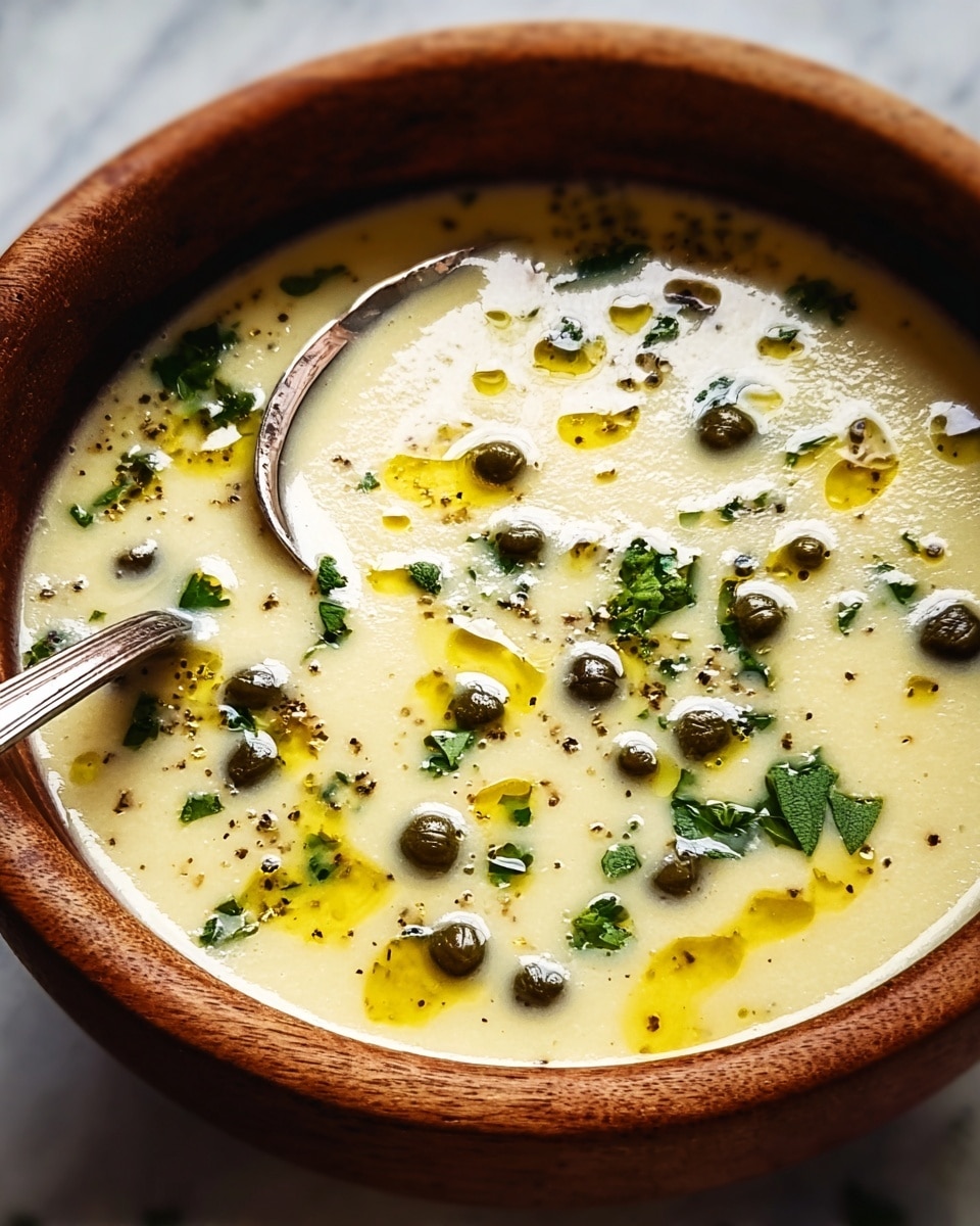 A close-up of a creamy light yellow soup served in a round wooden bowl with a smooth texture and small green capers scattered throughout. The surface shows drops of golden olive oil and small pieces of fresh chopped green herbs on top. A silver spoon is partially submerged on the left side of the bowl. The bowl is placed on a white marbled surface. Photo taken with an iphone --ar 4:5 --v 7