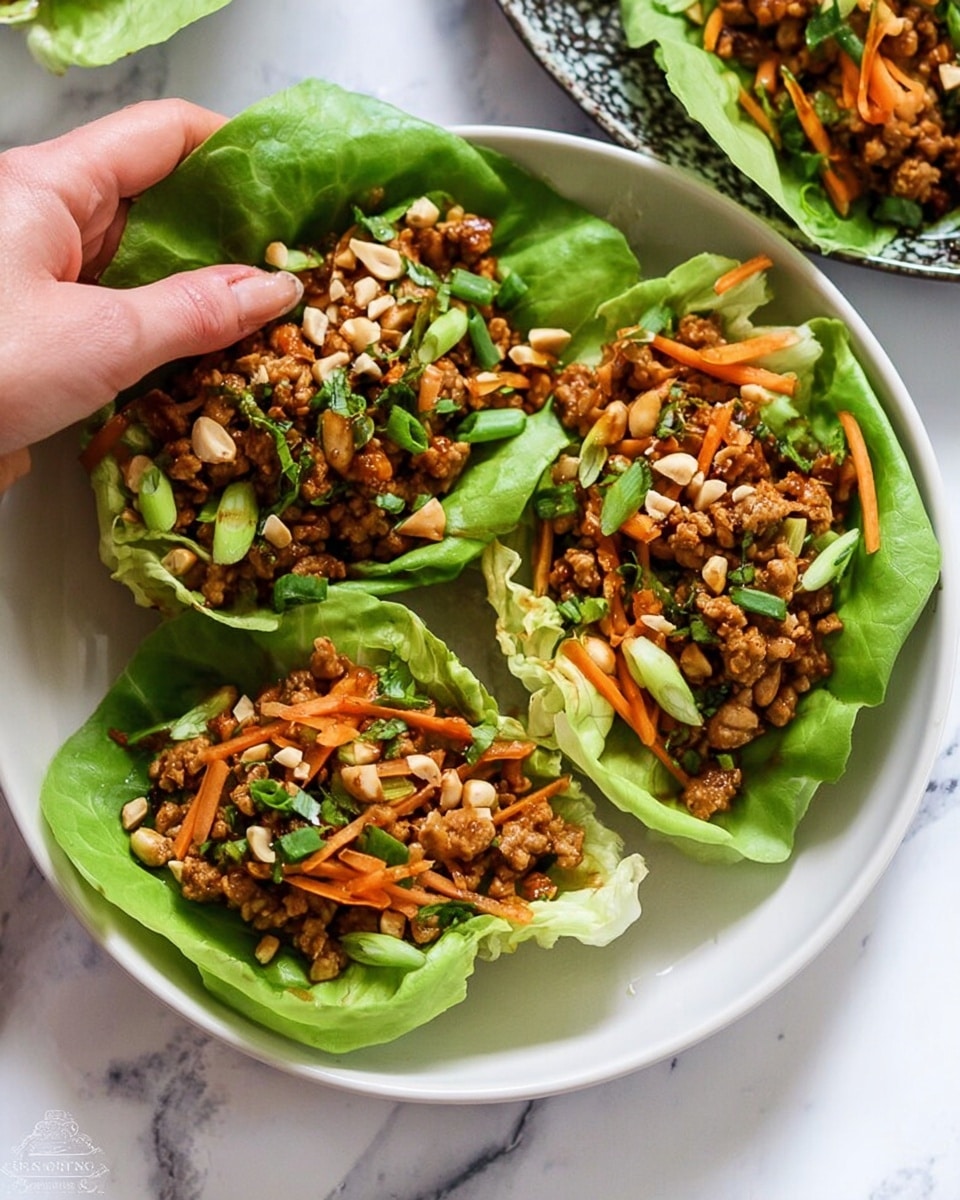 The image shows three bright green lettuce leaves shaped like small bowls on a white plate. Inside each lettuce bowl is a mix of cooked ground meat with a rich brown color, orange shredded carrots, chopped green scallions, and some small beige nuts or seeds. The dish looks fresh and colorful with bits of green herbs sprinkled on top. A woman's hand is holding one of the lettuce wraps on the left side. The background is a white marbled surface. Photo taken with an iphone --ar 4:5 --v 7