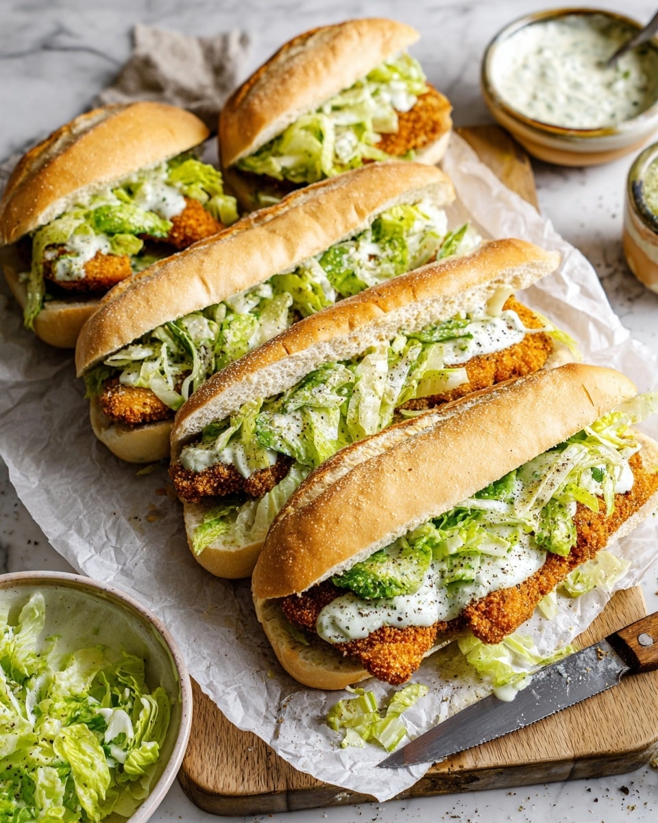 Three sandwiches on a wooden board covered with white parchment paper, each sandwich made with a white toasted bun. The bottom layer is a white garlic butter spread with green herbs visible. On top, there is a golden-brown crispy fried chicken fillet layer, followed by a layer of light green shredded lettuce mixed with creamy white dressing. The sandwiches are sprinkled with finely grated white cheese. To the side, a small bowl holds extra creamy white sauce speckled with black pepper, and a bowl with more lettuce and carrots is partly visible. A knife with a wooden handle and some lettuce stuck to it rests on the board. The surface below is a white marbled texture. photo taken with an iphone --ar 4:5 --v 7