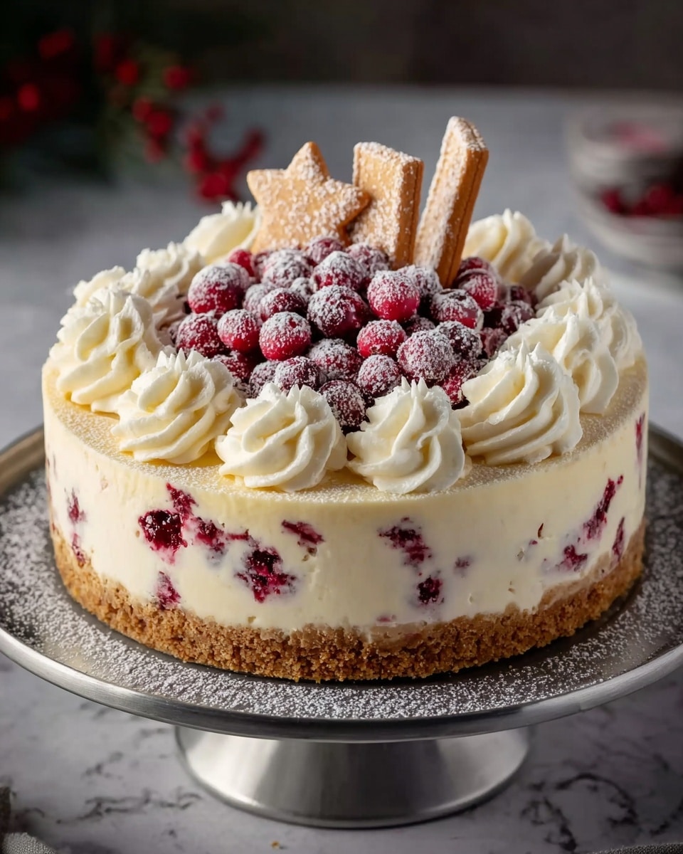 A round cheesecake with three visible layers stands on a silver cake stand dusted lightly with powdered sugar against a white marbled textured background. The bottom layer is a thick, crumbly golden brown crust. The middle layer is creamy white cheese mixed with visible pieces of red berries embedded unevenly. The top layer is a smooth cream with piped swirls of white whipped cream evenly spaced around the edge. In the middle, there is a cluster of red cranberries dusted with powdered sugar, with two star-shaped cookies and two rectangular cookies standing upright in the center. Photo taken with an iphone --ar 4:5 --v 7