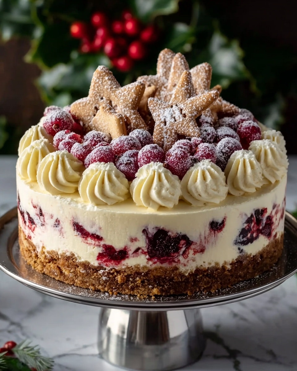 A round cake with three main visible layers sits on a shiny metal cake stand over a white marbled surface. The bottom layer is a thick, crumbly brown base. The middle layer is creamy white with swirls of deep red berries scattered inside. The top layer is smooth cream with large swirls of white whipped cream placed evenly around the edge. The center is decorated with bright red berries dusted with powdered sugar and topped with star-shaped and oval-shaped light brown cookies also sprinkled with powdered sugar. The background shows soft dark green leaves and red berries out of focus. Photo taken with an iphone --ar 4:5 --v 7