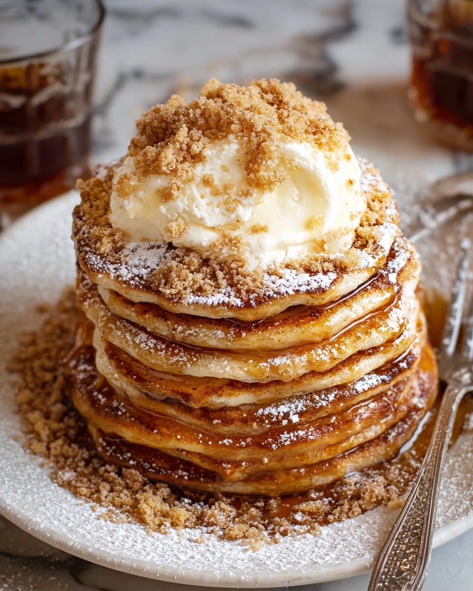 A tall stack of seven golden-brown pancakes sits centered on a white plate, each layer fluffy with slightly crisp edges. The stack is topped with a large dollop of creamy, pale yellow butter melting over the warm pancakes. Light brown crumbly bits are sprinkled generously on top, along with a dusting of white powdered sugar covering the stack and plate. Dark amber syrup oozes down the sides and pools slightly at the base. The plate rests on a white marbled surface with a textured silver fork placed to the right side, and a glass of dark tea blurred softly in the background. photo taken with an iphone --ar 4:5 --v 7