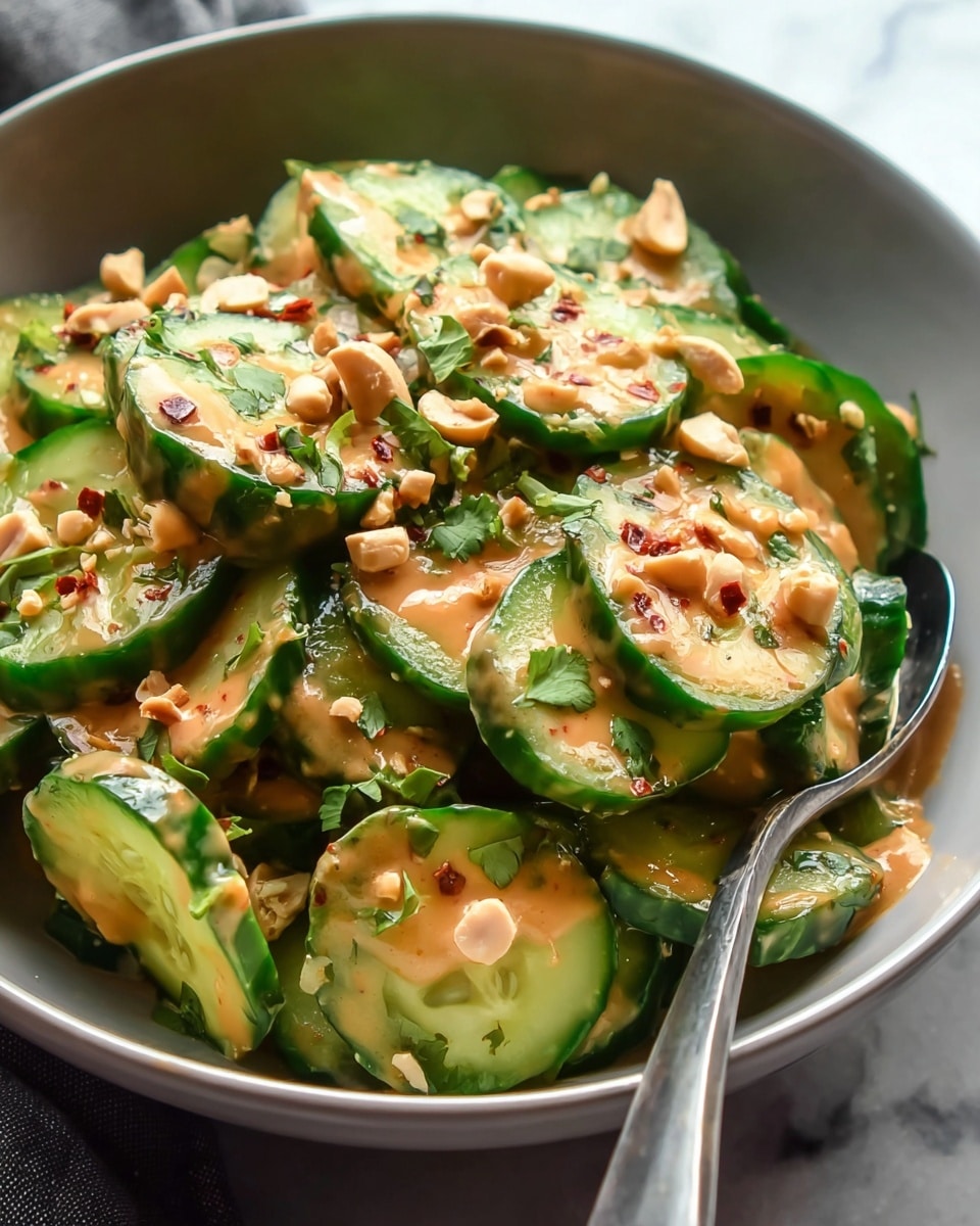 A close-up view of a bowl filled with several layers of sliced cucumbers, each slice bright green with a glossy texture. The cucumber slices are coated unevenly in a thick, creamy sauce that is light orange-brown in color, spread over and between the cucumber layers. Sprinkled throughout are small chunks of crushed peanuts and bits of fresh green herbs, likely cilantro, adding texture and color contrast. Some red chili flakes are scattered on top, giving a touch of red spice spots on the cucumbers. The bowl holding the salad is white, placed on a white marbled surface, with a metal spoon partially visible on the right side of the bowl. The light reflects softly on the cucumbers' fresh surface and the sauce's creamy texture, enhancing the freshness and spiced look of the dish. photo taken with an iphone --ar 4:5 --v 7