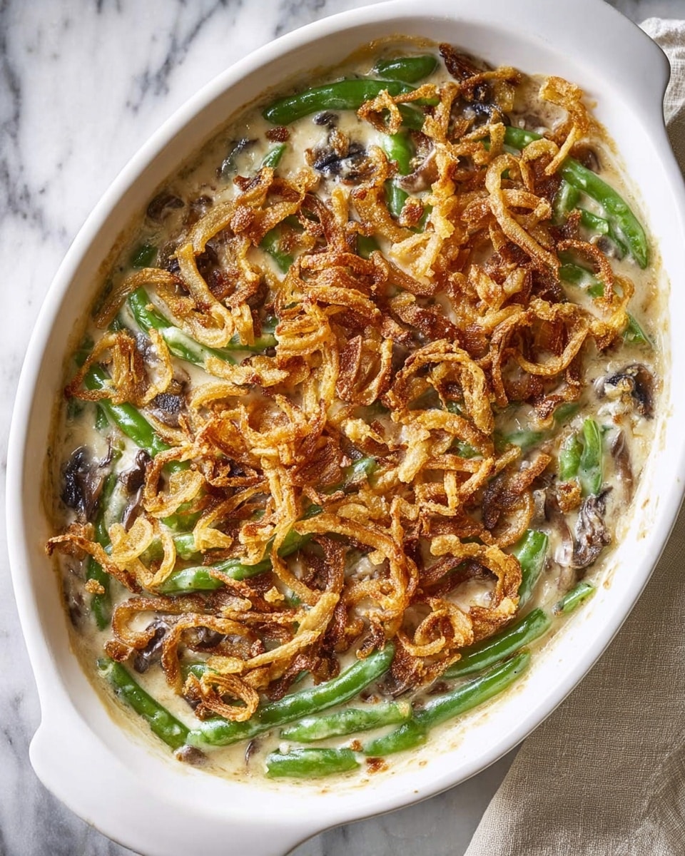 A white oval dish filled with a creamy green bean casserole showing three visible layers: the base layer is a smooth, light beige creamy sauce mixed with dark brown mushroom pieces and bright green cooked green beans, spread evenly throughout; the top layer is golden brown, crispy fried onion strips covering the entire surface with some pieces slightly darker, creating a crunchy texture contrast. The dish sits on a white marbled surface with a light-colored cloth napkin partially visible in the corner. photo taken with an iphone --ar 4:5 --v 7
