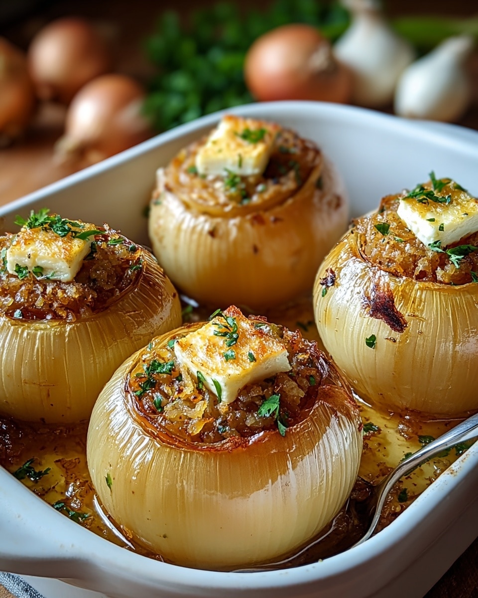 The image shows a white baking dish containing four large roasted onions with a golden brown soft outer layer. Each onion is hollowed and filled with a layer of caramelized brown onions topped with a block of light golden grilled cheese or tofu, sprinkled with bright green chopped herbs. The onions sit in a shallow pool of caramel-colored juice at the bottom of the dish. The background includes blurred shallots on a white marbled surface and a white plate with additional shallots, adding context to the ingredients. photo taken with an iphone --ar 4:5 --v 7