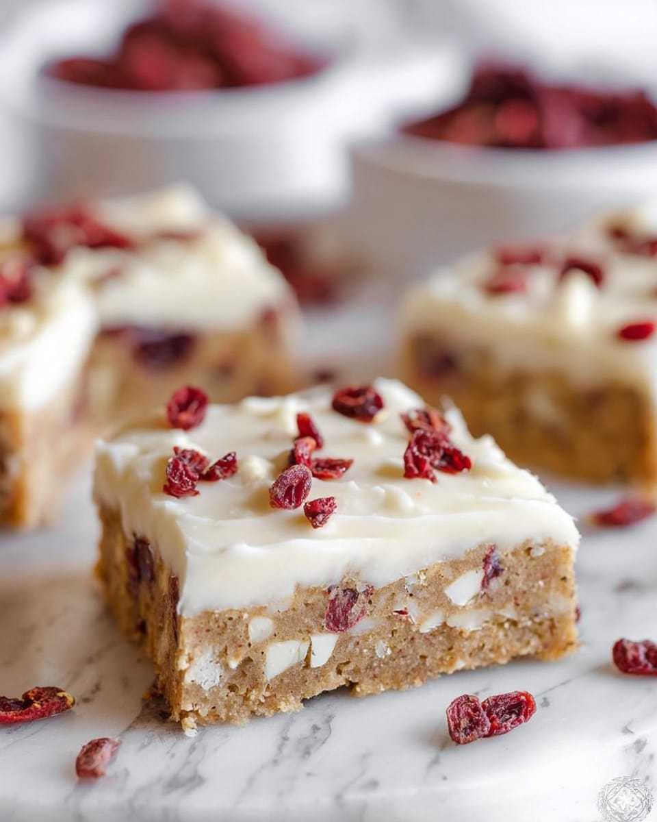 The image shows a slice of a dessert bar with two clear layers on a white marbled surface. The bottom layer is thick and crumbly with a light brown color and visible white chunks and dried red pieces mixed inside. The top layer is a smooth, creamy white frosting spread evenly across the bottom layer. On top of the frosting, small pieces of dried red fruit are scattered. In the background, there are more pieces of the dessert and a white bowl filled with similar dried red fruit. Photo taken with an iphone --ar 4:5 --v 7