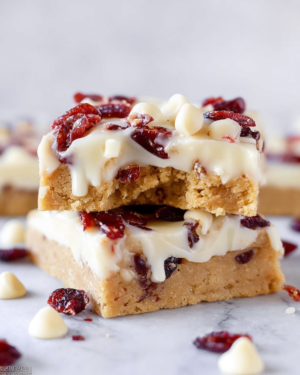 The image shows two square dessert bars stacked on a white marbled surface, each bar having two layers. The bottom layer is a light golden-brown cookie base with visible white chocolate chips embedded within its slightly crumbly texture. The top layer is a smooth, creamy white icing that coats the entire bar, studded generously with pieces of dark red dried cranberries, some of which drip slightly with the icing. Scattered around the base are a few white chocolate chips and dried cranberry pieces. The upper dessert bar has a bite taken out of it, revealing the contrast between the soft cookie base and the creamy icing. photo taken with an iphone --ar 4:5 --v 7