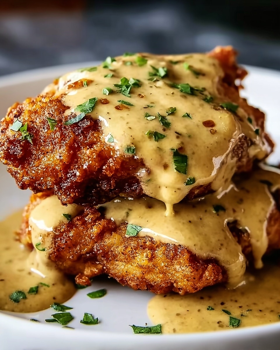 The image shows a close-up of a stack of two pieces of crispy fried chicken with a golden brown crust. The top of the chicken is covered with a thick, creamy mustard-colored sauce that drips down the sides, pooling slightly at the base. Small green herb flakes are sprinkled on top of the sauce and around the chicken. The dish is placed on a white plate set against a white marbled texture background. photo taken with an iphone --ar 4:5 --v 7