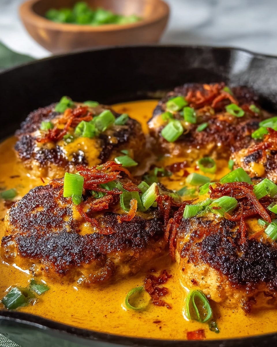 The image shows four thick, golden-brown patties with a crispy, dark seared crust on a black cast-iron skillet. Each patty is topped with bright green chopped scallions and thin, reddish-brown crispy onions. The patties are partially covered with a rich, creamy orange sauce that pools around them inside the skillet. The background includes a slightly blurred wooden bowl with green garnish, all set on a white marbled texture. photo taken with an iphone --ar 4:5 --v 7
