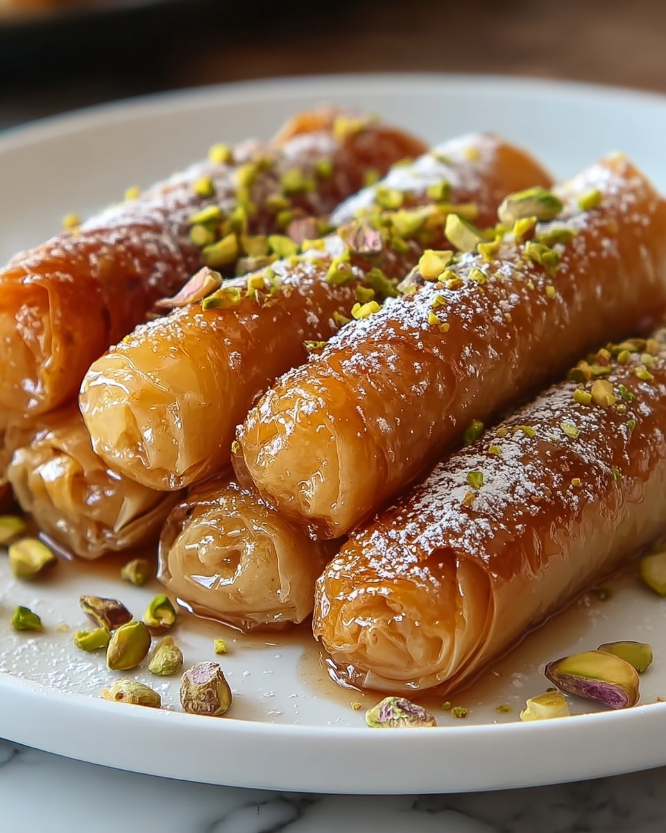 Four shiny golden brown rolled pastries, each tightly wrapped with visible layers of thin, crispy dough, are neatly placed side by side on a white plate. The pastries are covered with a glossy syrup that makes them look sticky and moist, with small pieces of green chopped pistachio nuts sprinkled on top and around them. Some powdered sugar is lightly dusted over the rolls, adding a soft white texture that contrasts with the warm golden color. The plate rests on a white marbled surface, creating a clean and elegant background. Photo taken with an iphone --ar 4:5 --v 7