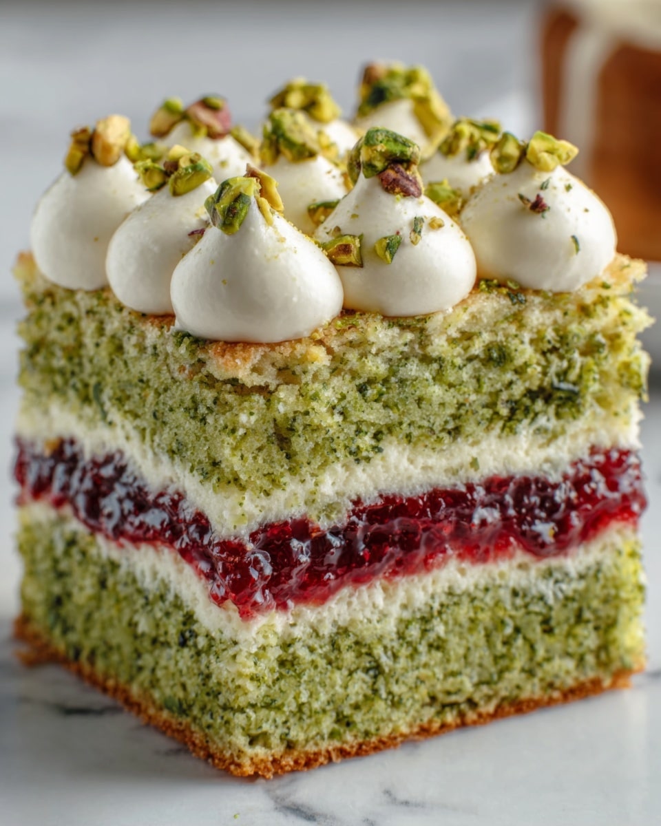 A close-up of a square piece of layered cake on a white plate, showing three layers with detailed textures. The bottom and top layers are light green with small bits inside, looking soft and moist. In the middle, there is a thick white cream layer on top and bottom, and a bright red fruit jam layer in the center, adding a shiny and smooth contrast. On top of the cake, there are small dollops of white cream evenly spread, each topped with green pistachio nuts, giving a crunchy and fresh look. The background is a white marbled texture. Photo taken with an iphone --ar 4:5 --v 7