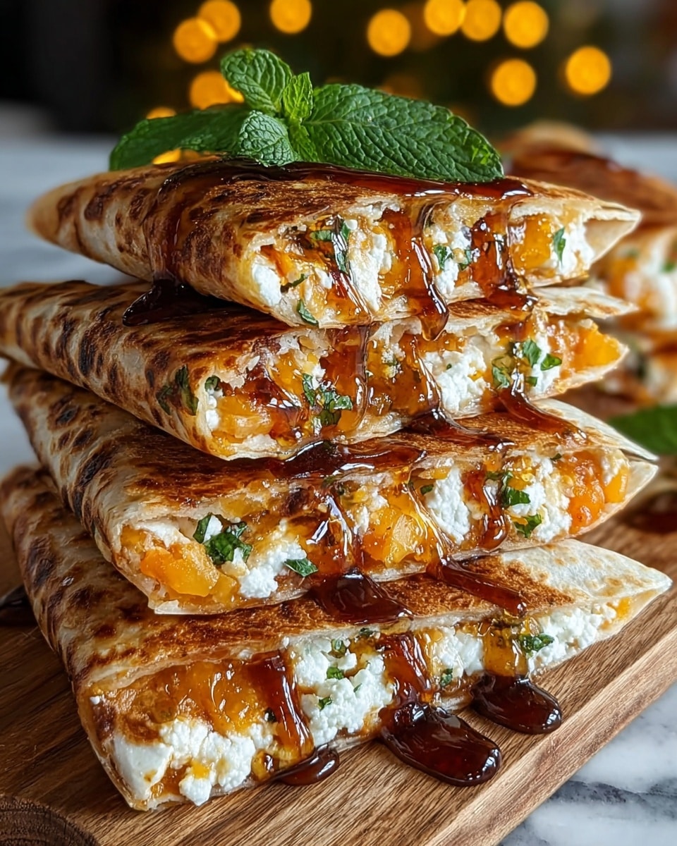 The image shows a close-up of a stack of quesadillas cut into triangles, arranged in two layers on a wooden board. Each quesadilla has two visible layers of golden-brown, crispy toasted tortilla on top and bottom. Inside, the filling has one layer of bright orange melted cheese and one layer of white crumbled cheese mixed with chopped green herbs. A thick dark amber syrup or sauce is drizzled over the top quesadilla, dripping down the sides. Fresh green mint leaves are placed on top for decoration. The background is softly blurred with warm yellow lights, and the surface under the wooden board has a white marbled texture. photo taken with an iphone --ar 4:5 --v 7