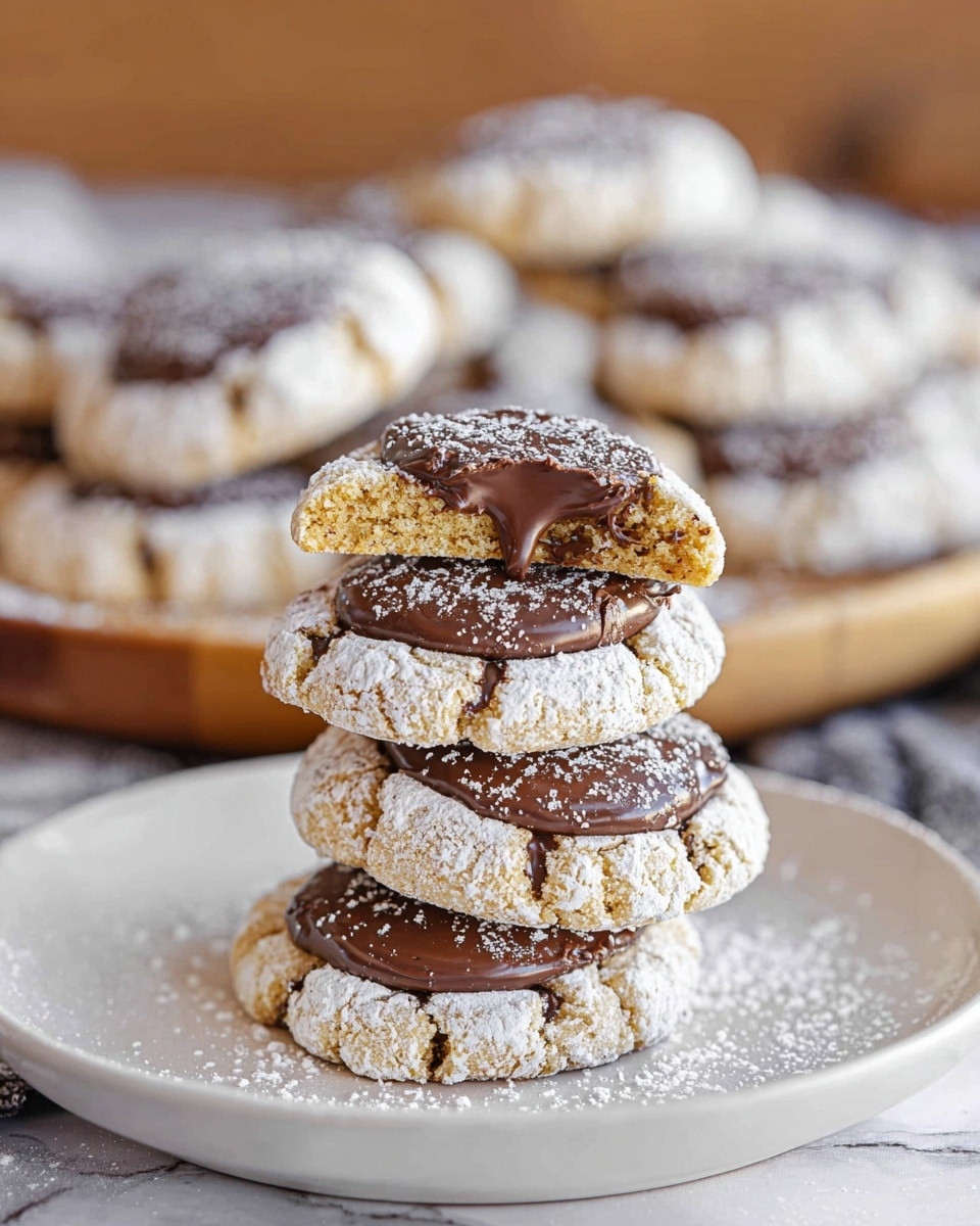 A close-up view of a stack of four round cookies with a crumbly texture and light golden color, each cookie topped with a dusting of white powdered sugar. Between each cookie is a smooth layer of dark brown chocolate spread. The top cookie is broken in half, showing the soft inside and chocolate layer. The background is a white marbled surface, slightly blurred to keep focus on the cookies. Photo taken with an iphone --ar 4:5 --v 7