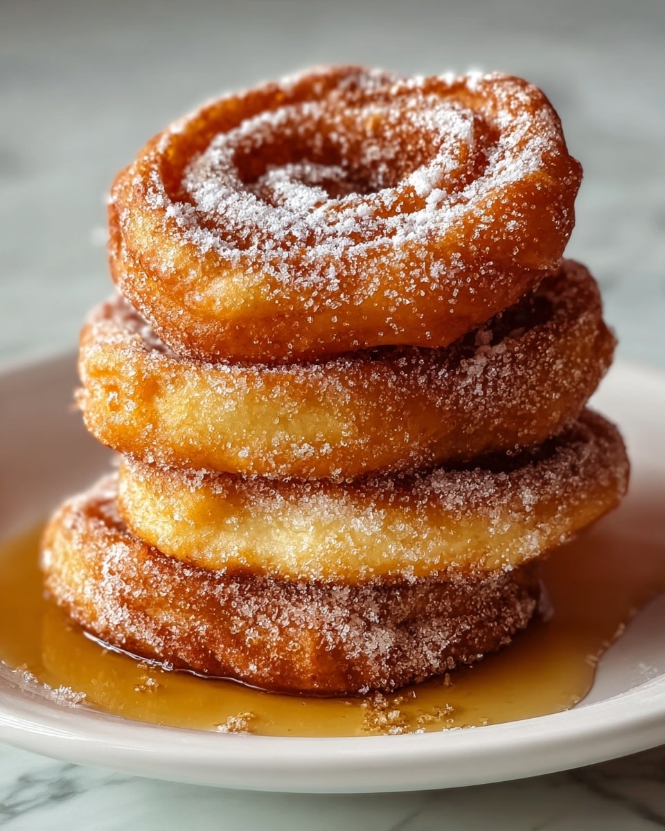 A stack of four golden-brown churros sits on a white plate, each churro thick with a crispy outer layer coated in a mix of coarse cinnamon sugar and fine granules, creating a rough texture. The churros are slightly twisted, showing soft, pale yellow dough inside with a crunchy cinnamon crust outside. The top churro is dusted with a light layer of white powdered sugar. The stack is drizzled with amber-colored syrup pooling slightly around the base, and a light dusting of powdered sugar extends gently onto the white plate. The background is a white marbled texture. photo taken with an iphone --ar 4:5 --v 7