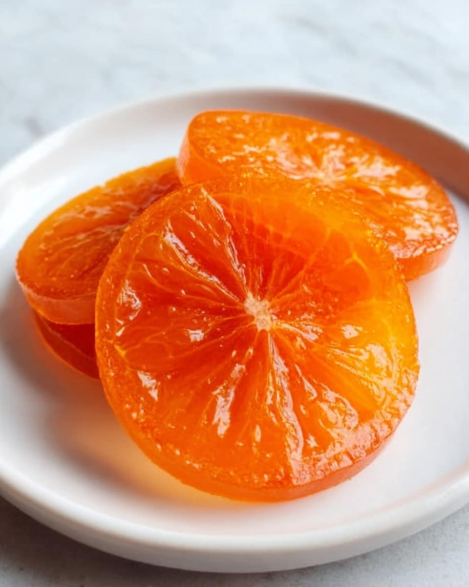 The image shows three shiny, translucent orange slices stacked slightly overlapping on a white plate. Each slice has a smooth, glossy texture with visible segments and a slightly thick outer edge, giving them a fresh, candied look. The white plate sits on a white marbled surface, creating a clean and simple background. Photo taken with an iphone --ar 4:5 --v 7