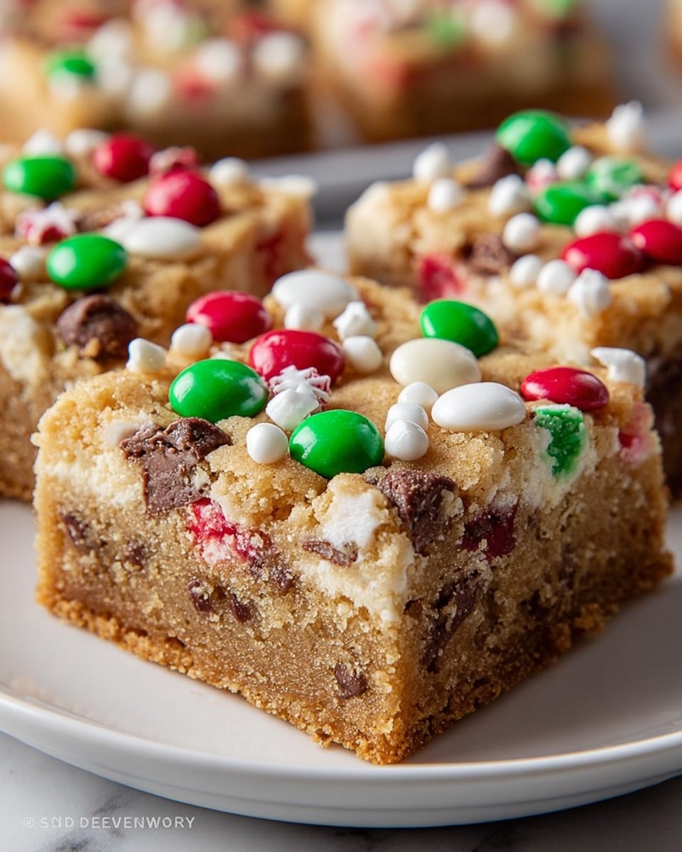 A close-up of a square cookie bar on a white plate, showing three distinct layers: the bottom and top layers are a golden-brown cookie dough with a slightly crumbly texture, while the middle layer has a creamy white filling with hints of red, possibly cherries or candy. The top cookie layer is covered with small festive red, green, and white candy balls, white star-shaped sprinkles, and scattered chocolate chips, adding pops of color and texture. The background is a white marbled surface with blurred cookie bars in the distance. photo taken with an iphone --ar 4:5 --v 7