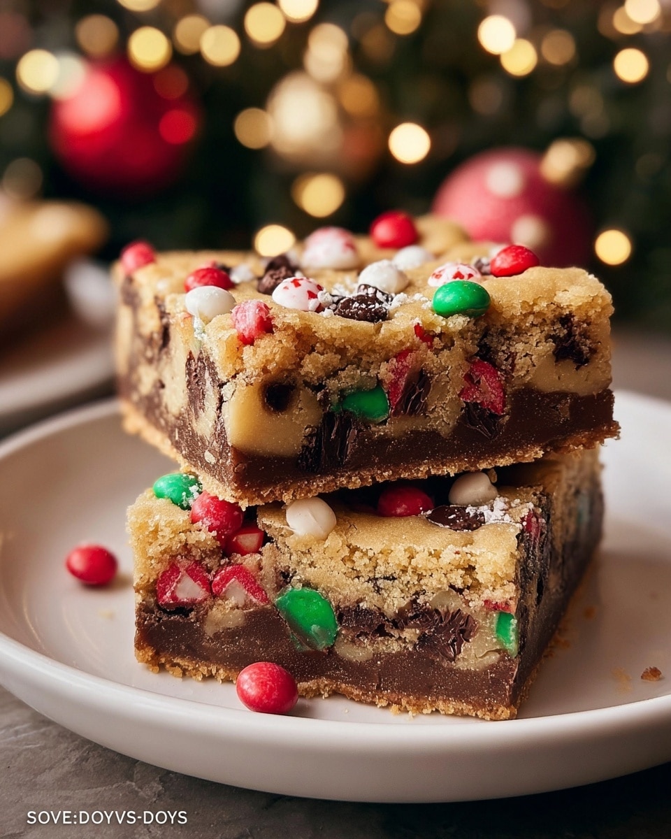 The image shows two stacked square bars on a white plate, each bar has three visible layers: the bottom layer is a dark brown dense crust, the middle layer is thick and filled with chocolate chunks and colorful candy pieces in red, green, and white, and the top layer is a golden brown cookie-like dough sprinkled with small red, green, white, and chocolate candy pieces. The edges of the bars are crumbly, and the candies on the top add a festive look. The background has out-of-focus Christmas lights and ornaments. Photo taken with an iphone --ar 4:5 --v 7