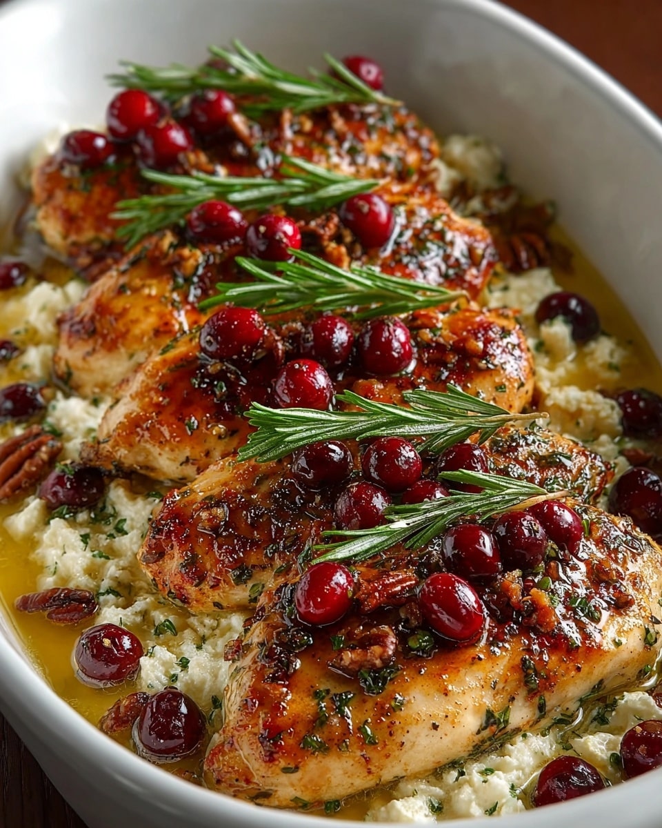A white oval dish filled with four golden-browned chicken breasts arranged in a row, each topped with bright red cranberries and a sprig of fresh green rosemary. Beneath the chicken, there is a layer of white crumbly cheese mixed with shiny pecans and sprinkled with finely chopped herbs, all sitting in a glossy sauce that pools at the bottom. The rich colors of the browned chicken, vibrant cranberries, and green herbs contrast with the creamy white cheese, giving a fresh and appetizing look. Photo taken with an iphone --ar 4:5 --v 7