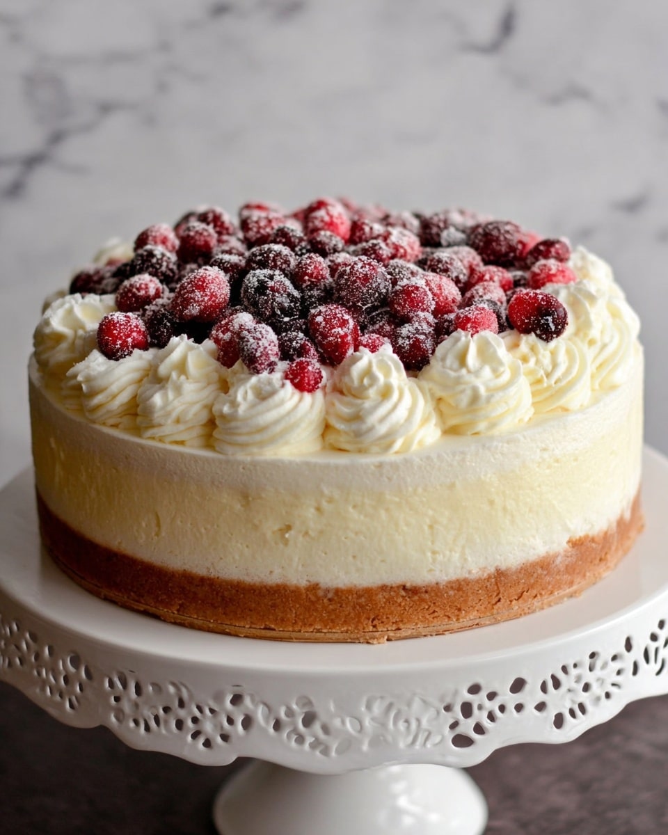 A layered cheesecake sits on a white intricately designed cake stand; the bottom layer is a light brown crust with a smooth creamy off-white middle layer, topped with thick white whipped cream swirls around the edge. The center is filled with bright red and deep purple frosted cranberries coated in sugar, creating a crunchy icy texture. The whipped cream has soft peaks and a fluffy texture, contrasting with the shiny, frosty cranberries piled high in the middle. The background is a white marbled texture. photo taken with an iphone --ar 4:5 --v 7