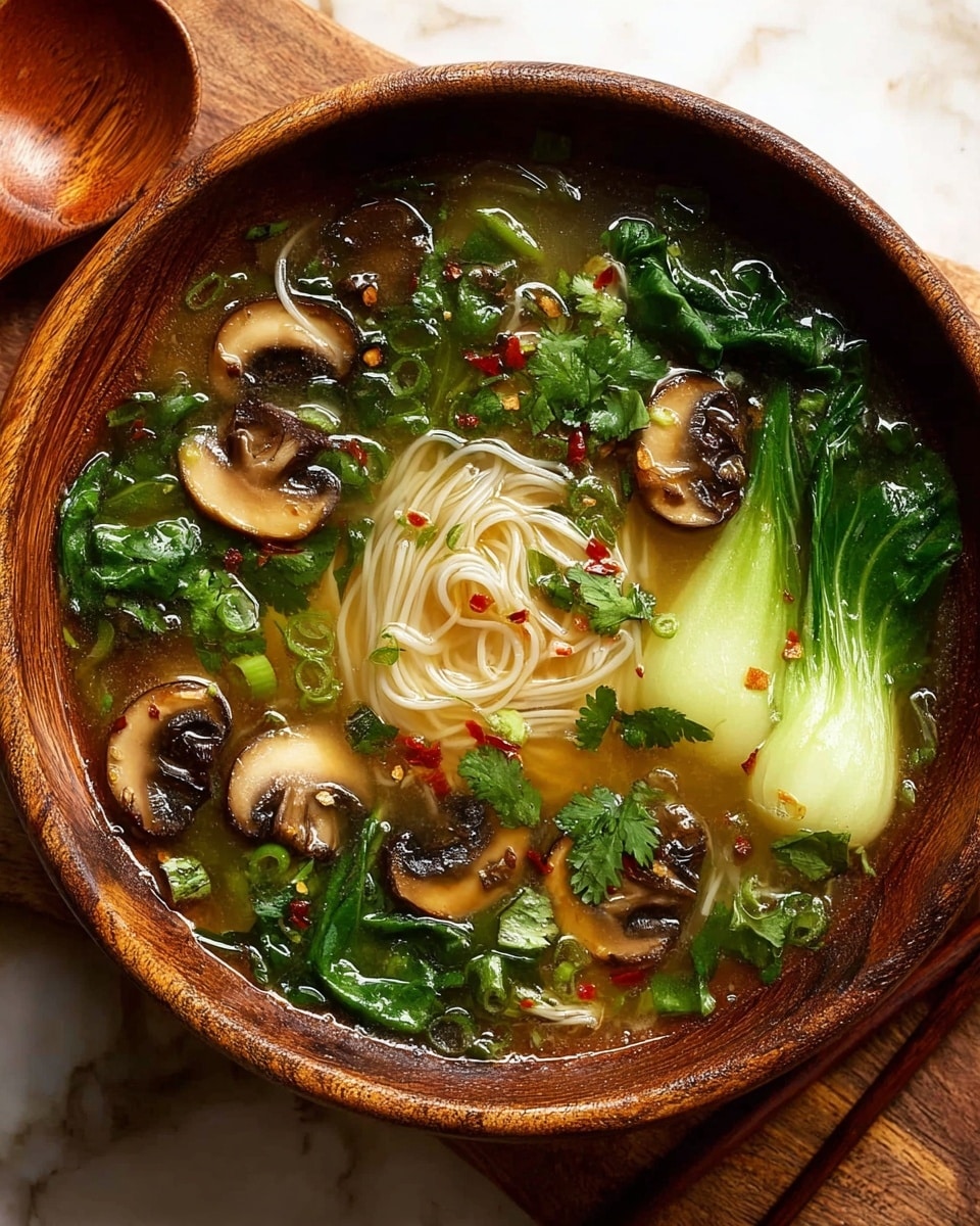 A white bowl filled with clear broth layered with translucent glass noodles in the center, surrounded by bright green bok choy leaves with pale green stems on the sides. Several sliced brown mushrooms float on top, along with dark green chopped scallions and cilantro leaves scattered across the soup. The broth has a slightly oily surface with red chili flakes dispersed throughout. The bowl sits on a wooden board with red chopsticks resting beside it, and a small dish with sliced red chilies is partially visible in the top left corner over a white marbled texture. Photo taken with an iphone --ar 4:5 --v 7