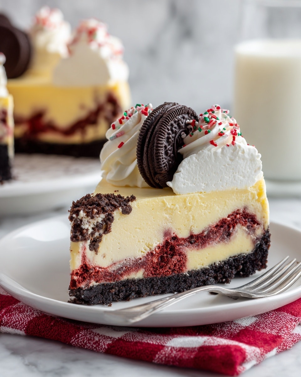 A slice of cheesecake with three visible layers sits on a white plate on top of a red and white checkered cloth against a white marbled background: the bottom layer is dark, crumbly chocolate crust; the middle layer is smooth, creamy, light yellow cheesecake with red velvet swirls mixed in; the top layer is decorated with white whipped cream swirls that have red and green sprinkles, with a whole chocolate sandwich cookie placed upright in the whipped cream on the slice. A silver fork rests on the plate to the right of the cheesecake slice, and in the background, there is a blurred second cheesecake slice with similar decoration and a glass of milk. Photo taken with an iphone --ar 4:5 --v 7