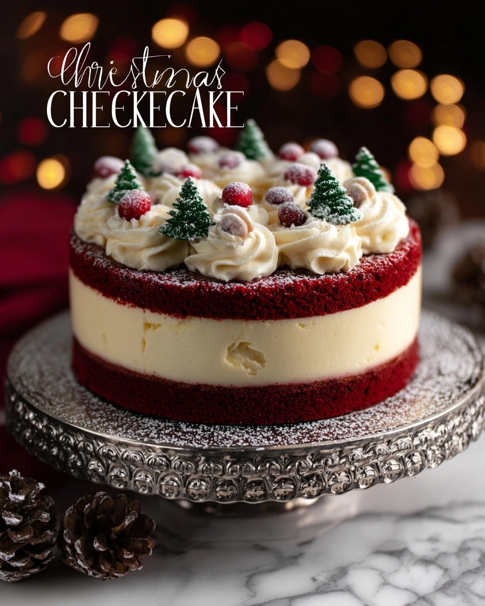 The Christmas red velvet cheesecake is a round dessert with three clear layers: the bottom layer is dark red velvet cake, the middle is creamy white cheesecake, and the top layer is another thick red velvet cake. The top is decorated with white swirls of cream, small red berries, and green Christmas tree-shaped decorations, all dusted lightly with powdered sugar. The cake sits on a detailed silver cake stand, and the background gives a warm holiday feel with blurred lights and pinecones around. The surface is a white marbled texture. photo taken with an iphone --ar 4:5 --v 7