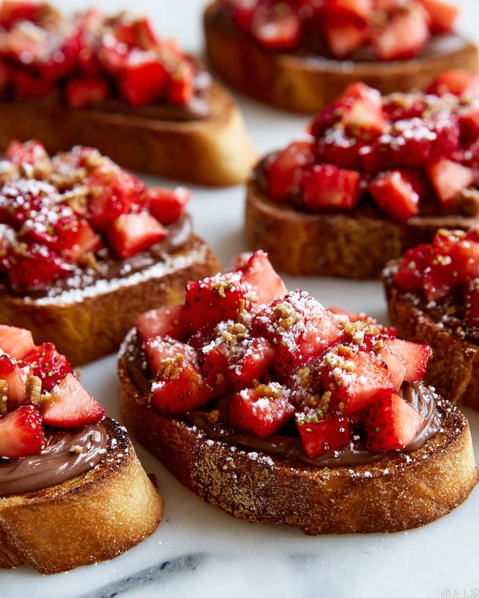 A close-up view of several pieces of toasted bread on a white marbled surface, each topped with a thick layer of smooth, dark chocolate spread, followed by a generous pile of finely chopped, bright red strawberries. The strawberries are fresh and juicy, covering the chocolate evenly, and small crunchy bits are sprinkled on top for texture. A light dusting of white powdered sugar is scattered over the strawberries and chocolate, adding a soft contrast. The toasted bread has a golden-brown crust with a slightly textured surface showing its crunchiness. photo taken with an iphone --ar 4:5 --v 7