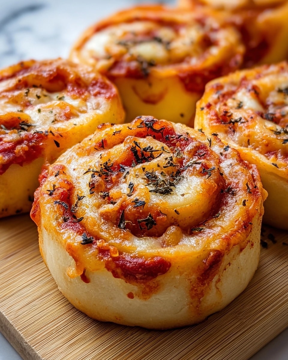 The image shows a close-up of several pizza rolls on a light wood board. Each pizza roll has three visible layers: the base is a soft, thick, golden-brown dough layer rolled into a spiral shape; the middle layer is a bright red tomato sauce spread evenly in a swirl; the top layer is melted mozzarella cheese, golden and bubbly with some browned spots and sprinkled with small black dried herbs. The rolls are closely packed with a slightly shiny and crispy outer texture. The background is a white marbled texture. Photo taken with an iphone --ar 4:5 --v 7
