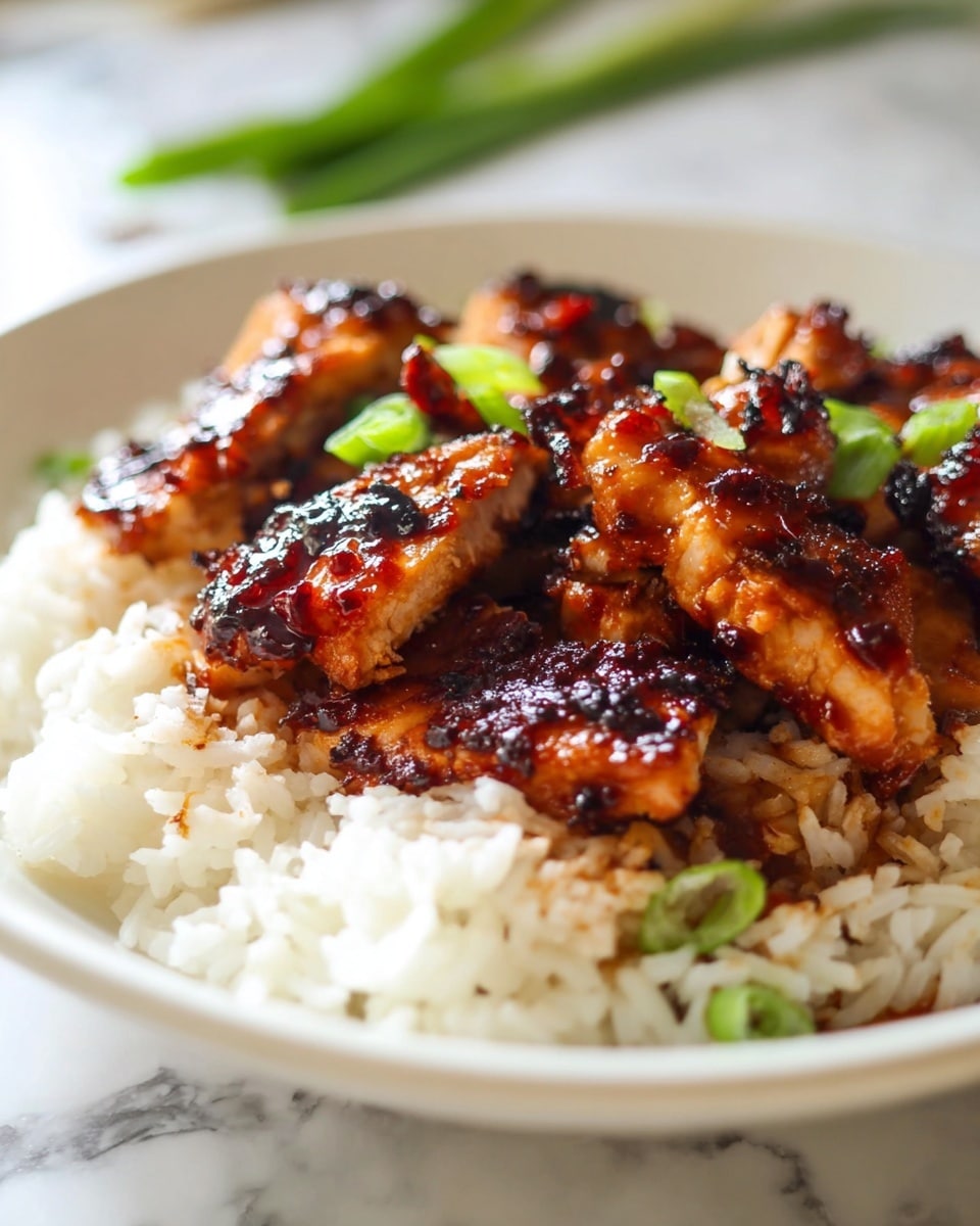 The image shows a dish with two layers on a white plate set on a white marbled surface. The bottom layer is white rice with a soft and fluffy texture, spread evenly across the plate. On top, there is a layer of grilled chicken pieces with a shiny, caramelized glaze that is dark brown with some charred edges, giving it a slightly crispy look. Small green onion pieces are sprinkled over the chicken and rice, adding a fresh green color contrast to the dish. Photo taken with an iphone --ar 4:5 --v 7