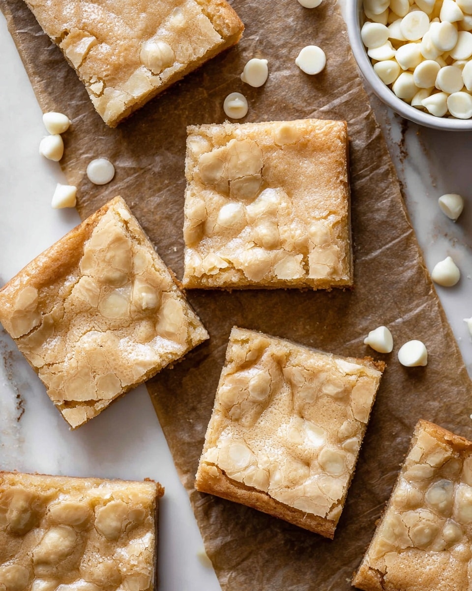 Several square-shaped blondies with a cracked, shiny top layer are placed on brown parchment paper on a white marbled surface. The blondies have a light golden-brown color around the edges and a soft, creamy beige center. Around the blondies, there are scattered white chocolate chips, and in the top right corner, a white bowl filled with more white chocolate chips is partially visible. The texture of the blondies looks chewy and dense. photo taken with an iphone --ar 4:5 --v 7