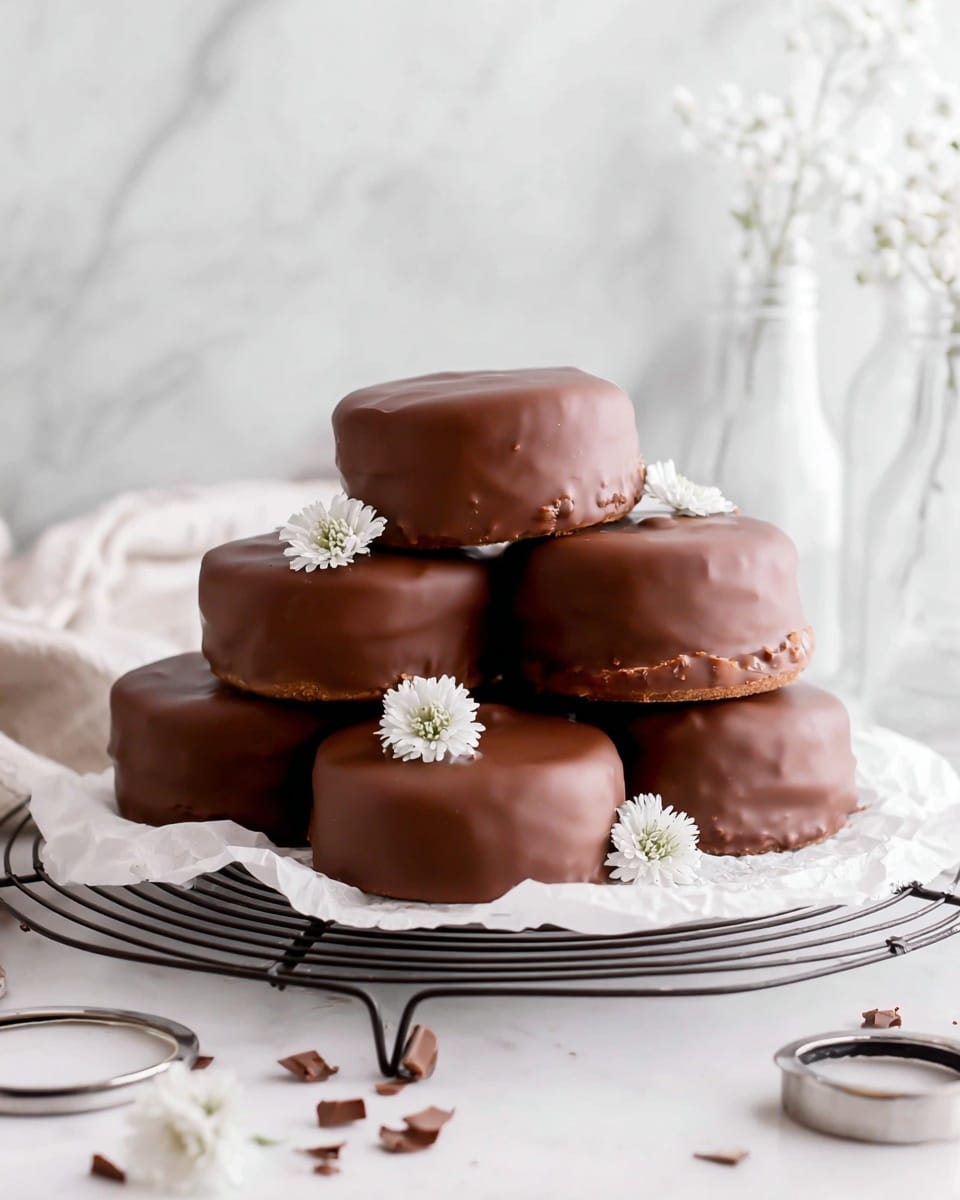 Seven round chocolate-covered cakes are stacked in a pyramid shape on a round wire cooling rack lined with white parchment paper, sitting on a white marbled surface. The cakes have a smooth, shiny milk chocolate coating with slight texture around the edges. Small white flowers are placed delicately around and between the cakes, adding a soft touch. In the background, two clear glass bottles are softly blurred against a white marbled backdrop. In the foreground, around the rack, there are small chocolate curls scattered and a silver metal baking ring positioned to the right. photo taken with an iphone --ar 4:5 --v 7