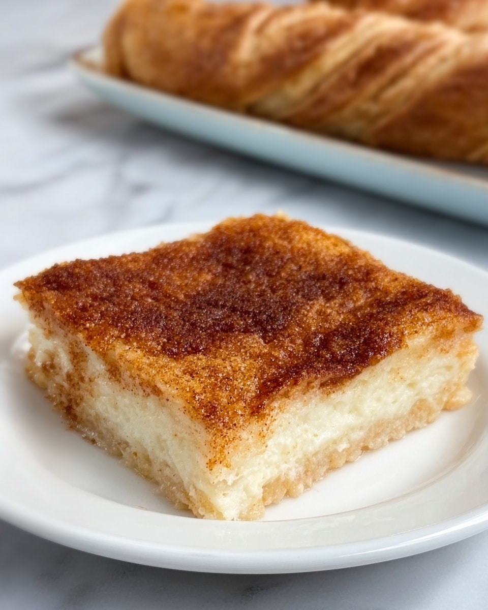 The image shows a single square piece of dessert on a simple white plate. The dessert has two clear layers: the bottom layer is pale, creamy, and smooth, while the top layer is a darker, golden-brown color with a slightly crispy texture. The top looks like it has a sugar or cinnamon crust that contrasts with the soft base. The plate is set on a white marbled texture surface with a rolled pastry in the background. Photo taken with an iphone --ar 4:5 --v 7