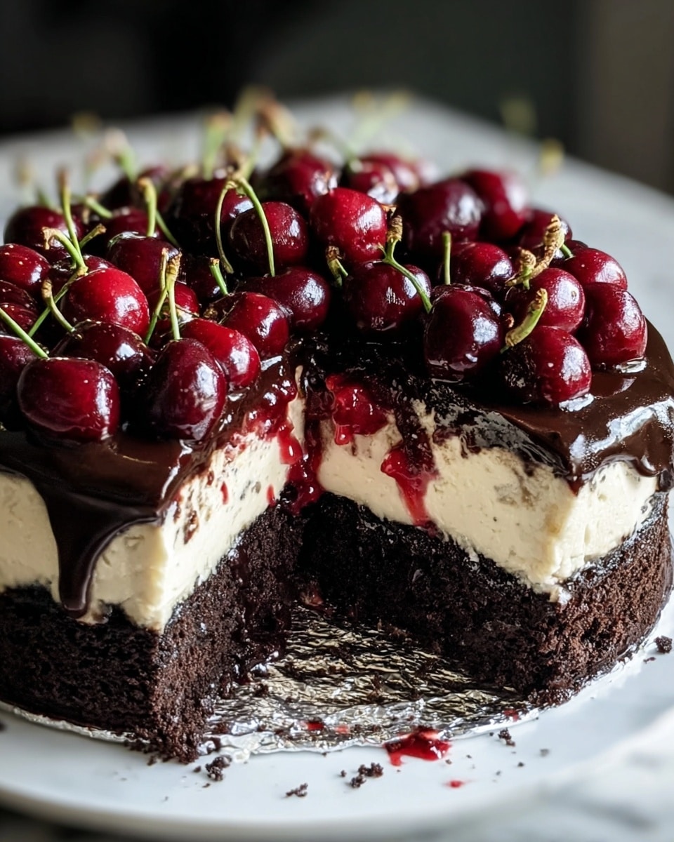 A close-up image of a three-layer round cake with a slice removed, sitting on white plate covered with foil, placed on a white marbled texture. The bottom layer is dark, moist chocolate cake, the middle layer is thick, smooth white cream with cherry red syrup drizzled inside, and the top layer is a shiny, dark chocolate glaze. On top, there is a mix of whole fresh cherries and glossy dark chocolate-coated cherries, some with green stems, arranged densely. The cake edges hold some chocolate crumbs, and a bit of syrup and glaze run slightly down the sides. photo taken with an iphone --ar 4:5 --v 7